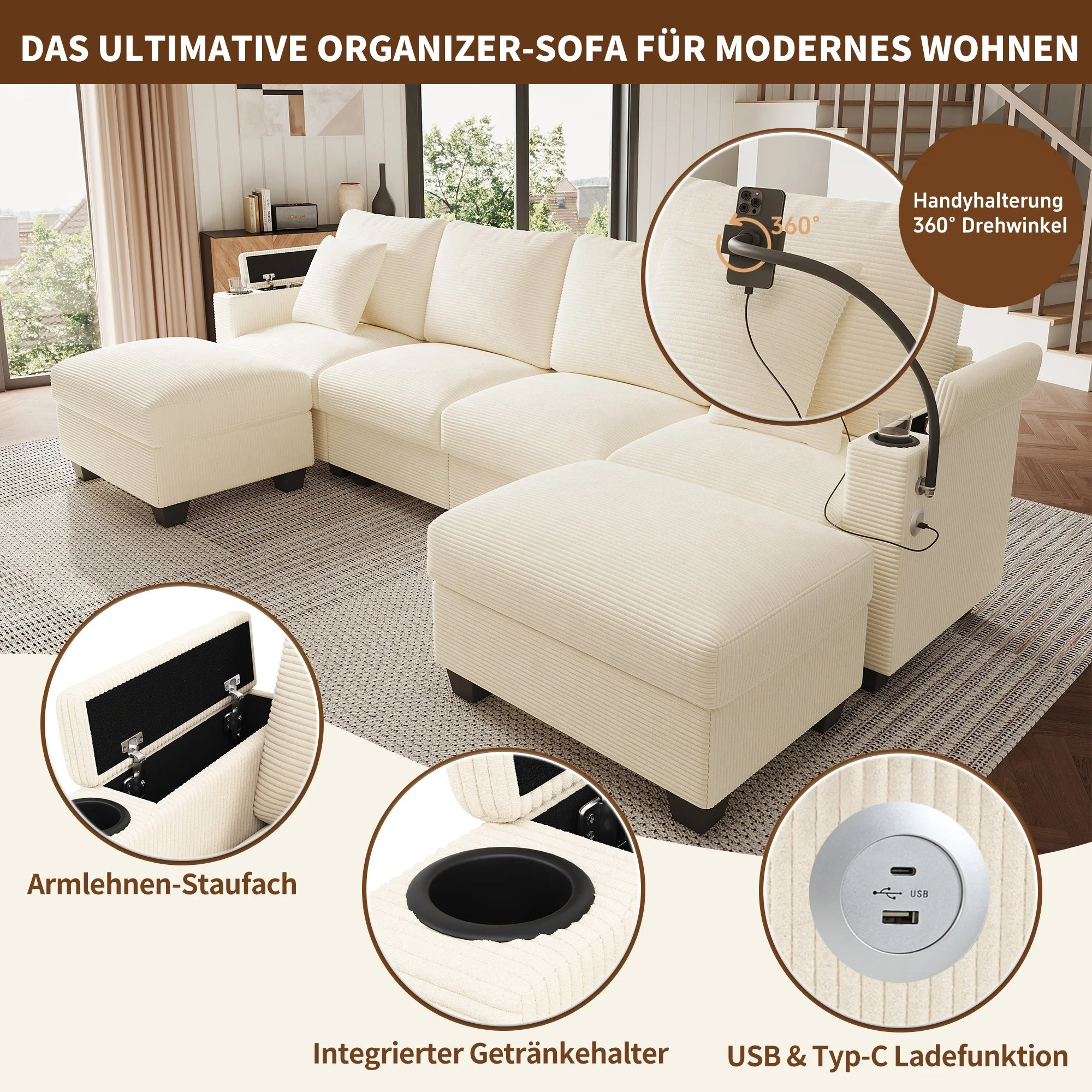 U-Shaped Modular Sofa with Sleeping Function, Phone Holder and USB Port, Beige Corduroy - Image 5