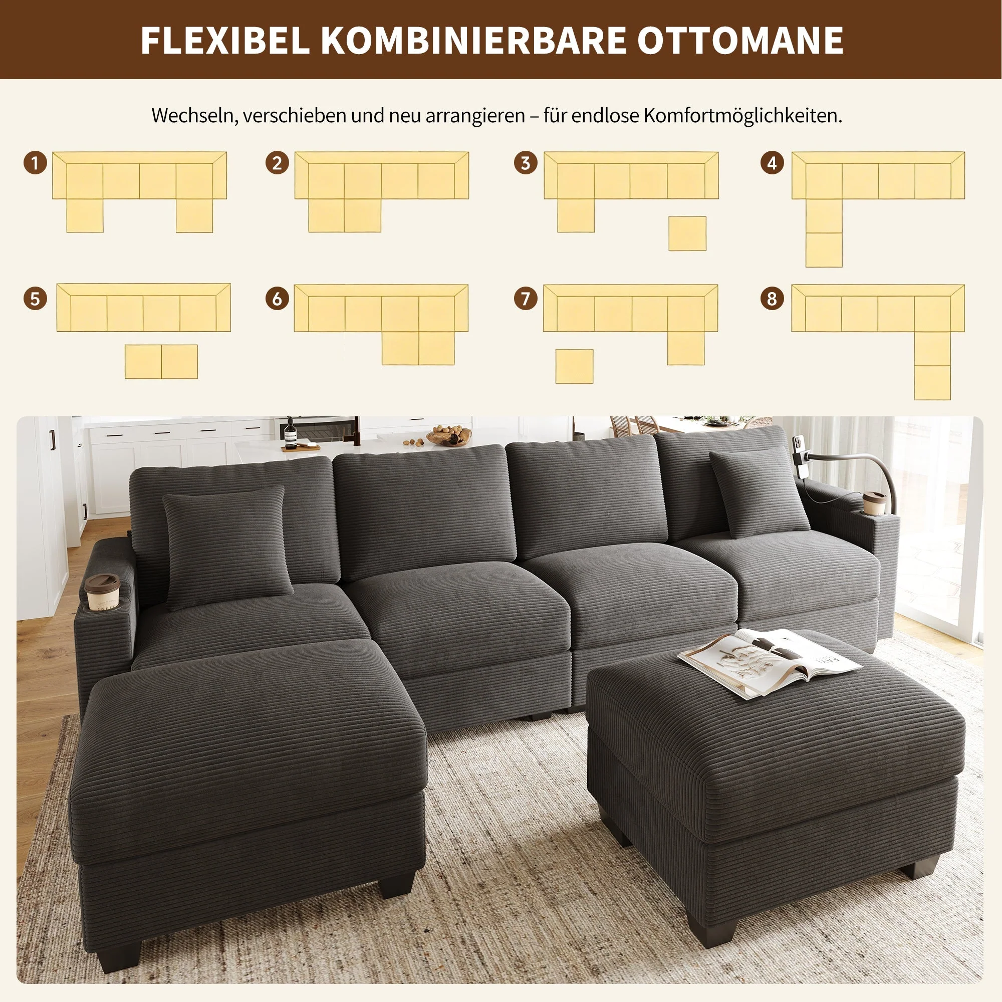 U-Shaped Modular Sofa with Sleeping Function, USB Port and Phone Holder, Gray Corduroy - Image 6