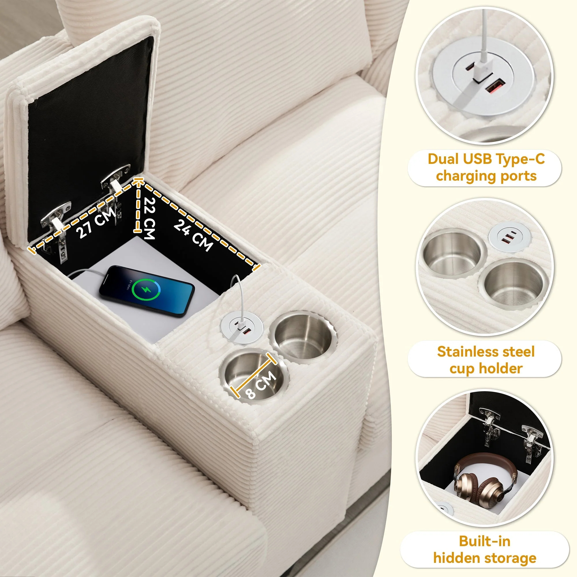 U-shaped Sofa 4-Seater with Storage USB Ports Cup Holders Oversized Corduroy - Image 10