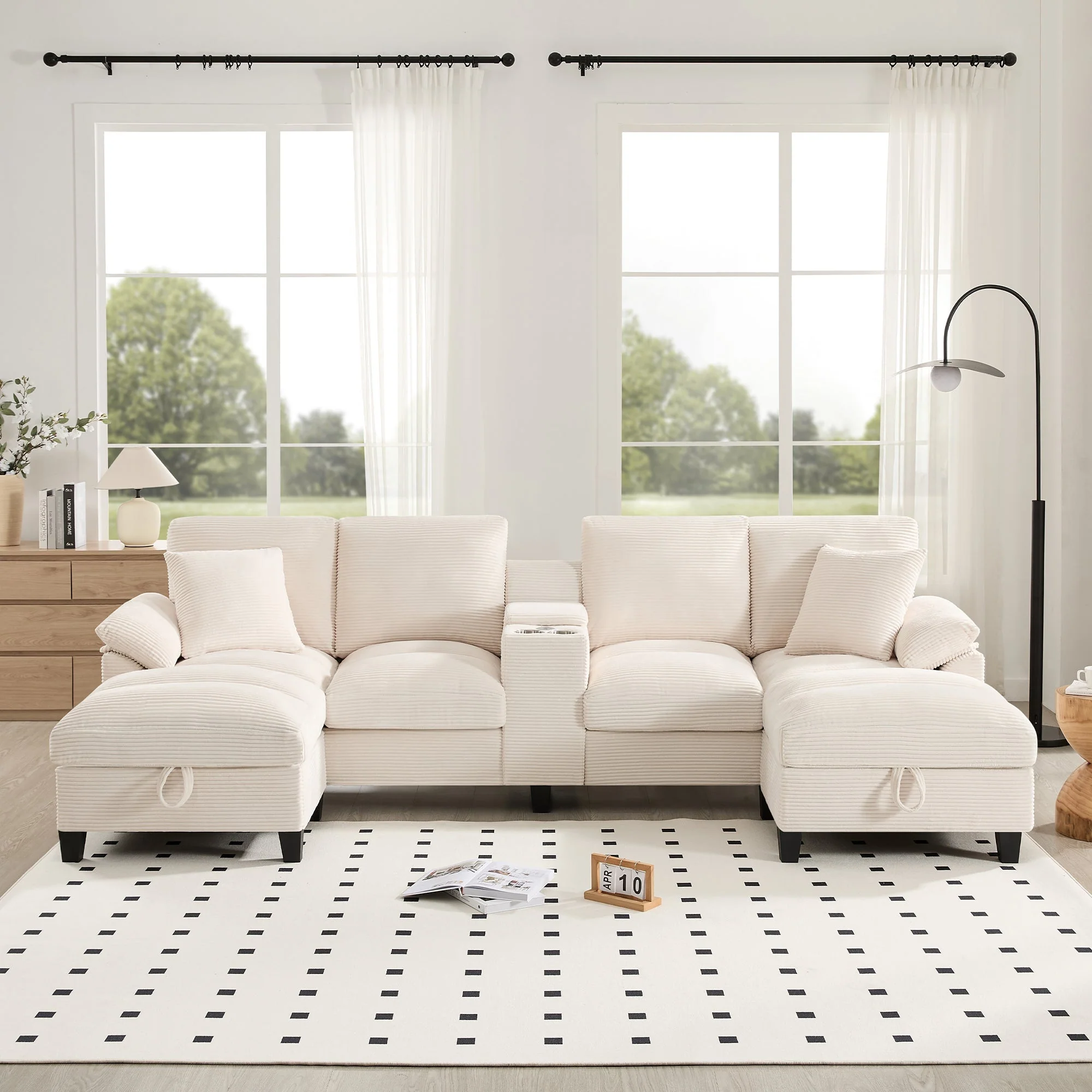 U-shaped Sofa 4-Seater with Storage USB Ports Cup Holders Oversized Corduroy - Image 2