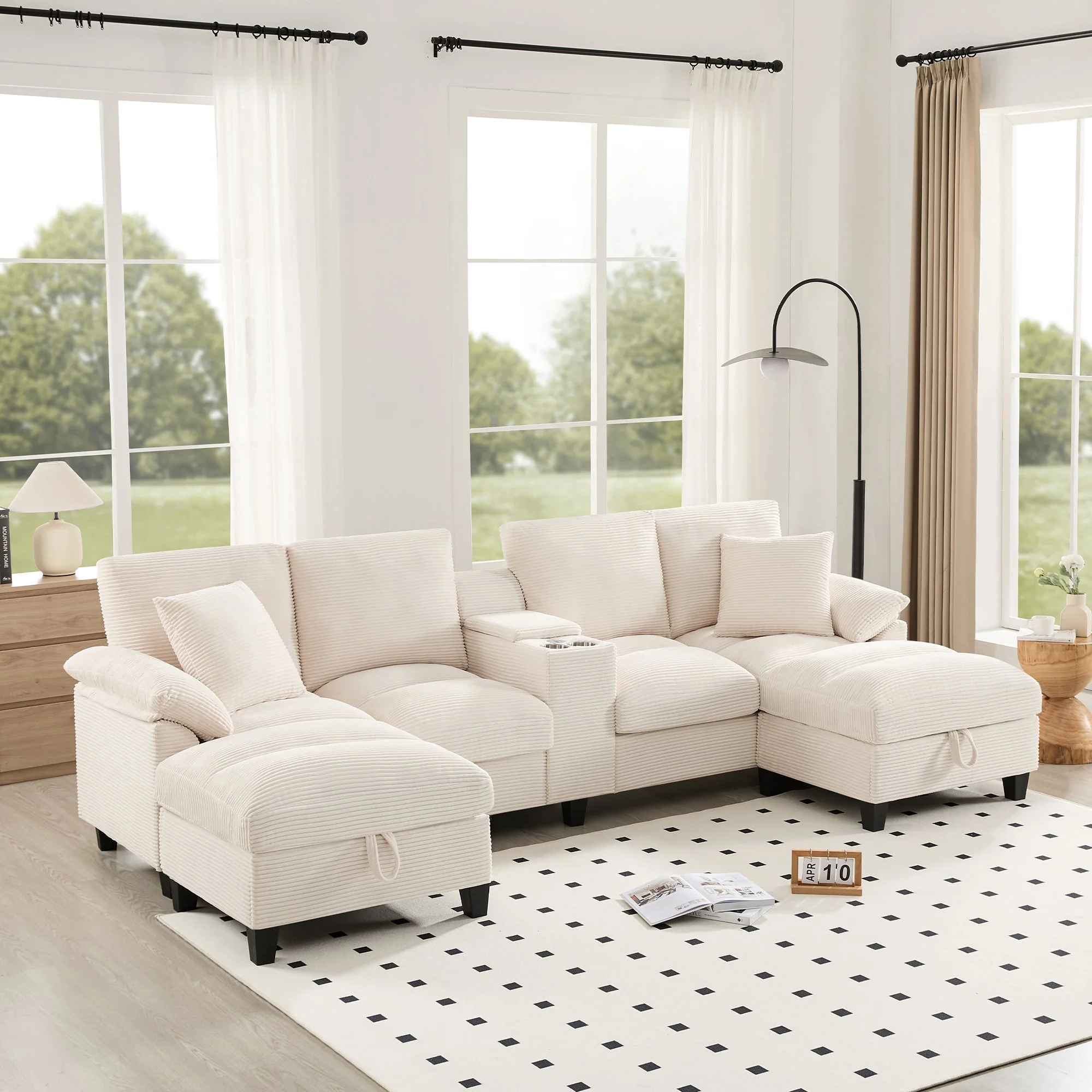 U-shaped Sofa 4-Seater with Storage USB Ports Cup Holders Oversized Corduroy - Image 3