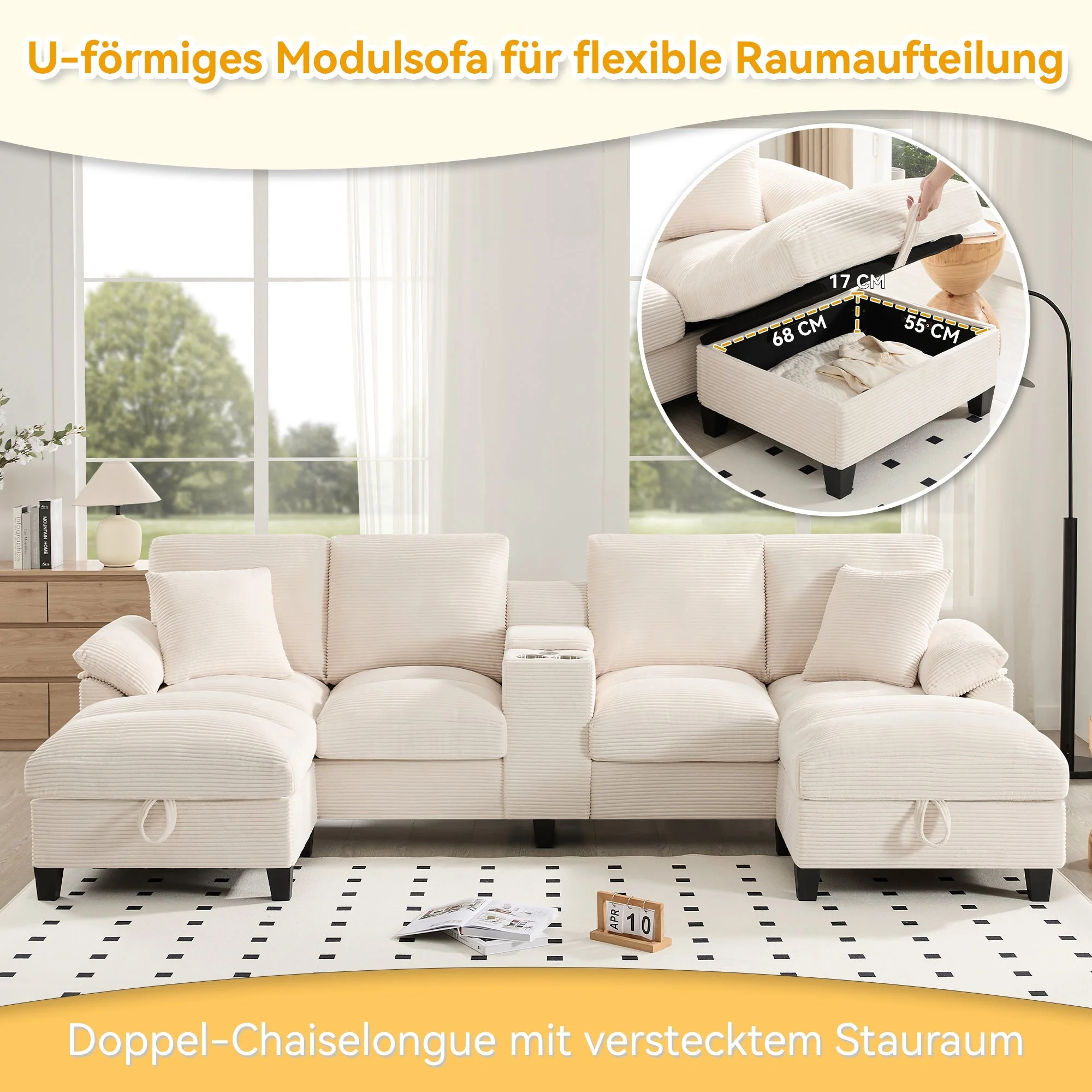 U-shaped Sofa 4-Seater with Storage USB Ports Cup Holders Oversized Corduroy - Image 5