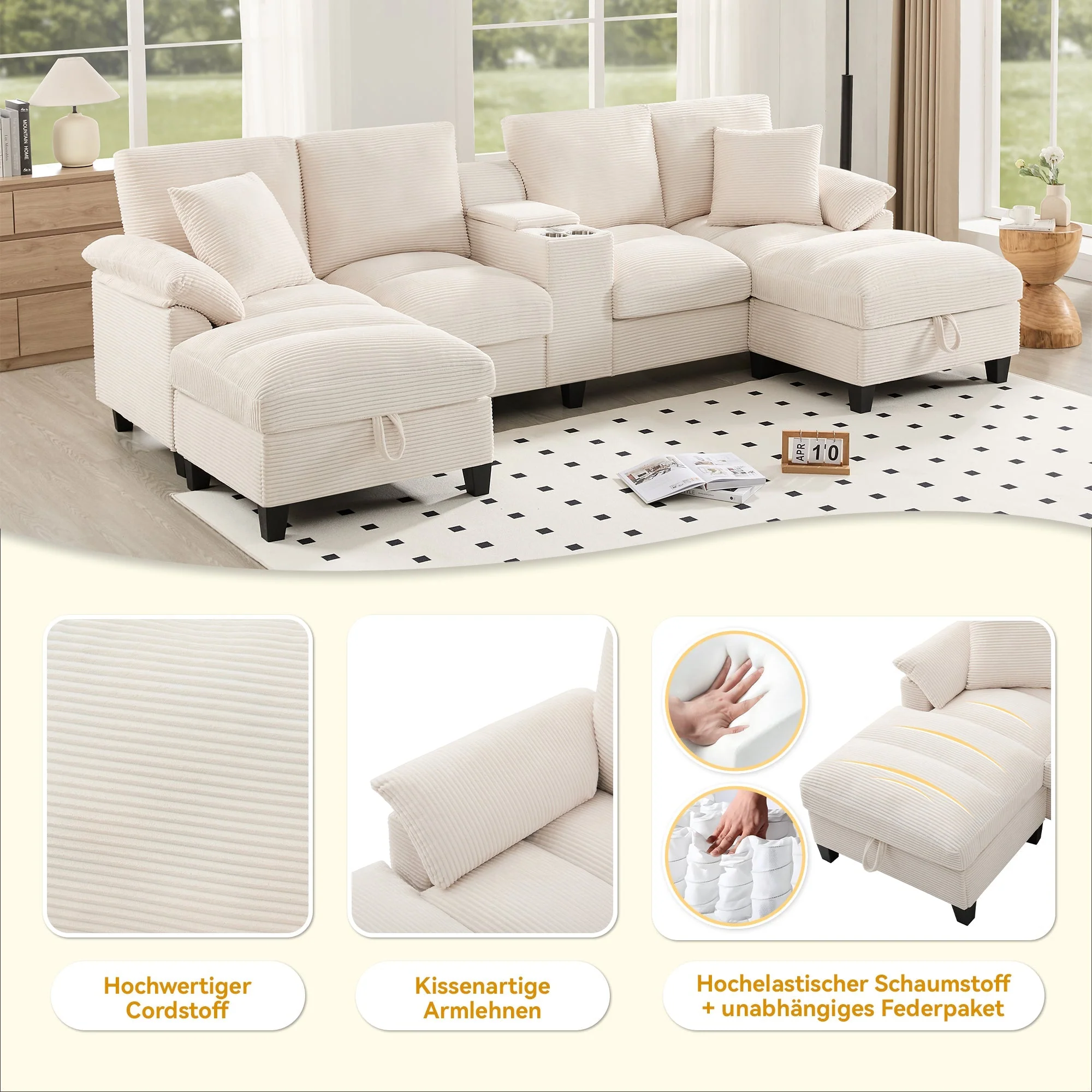 U-shaped Sofa 4-Seater with Storage USB Ports Cup Holders Oversized Corduroy - Image 6