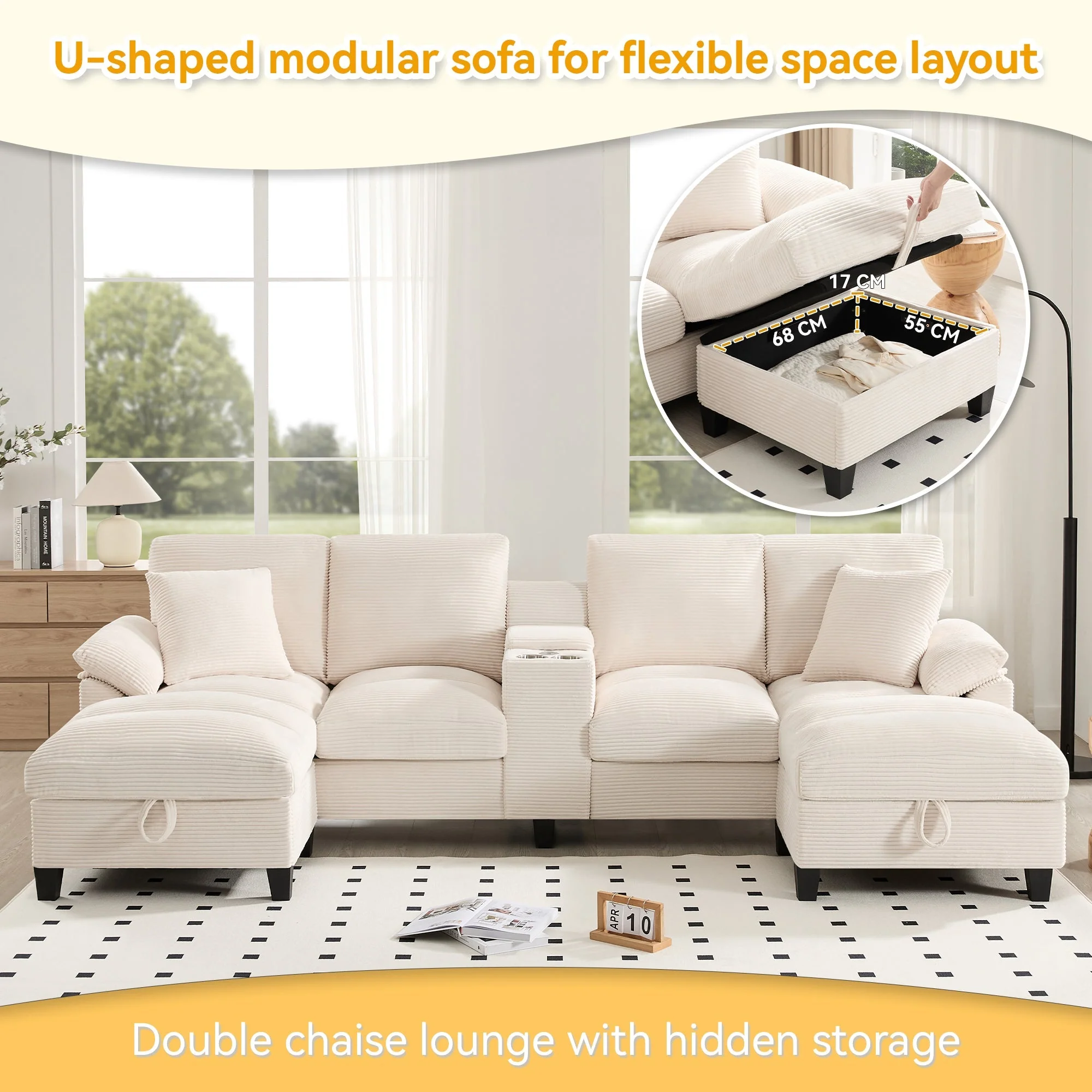 U-shaped Sofa 4-Seater with Storage USB Ports Cup Holders Oversized Corduroy - Image 8