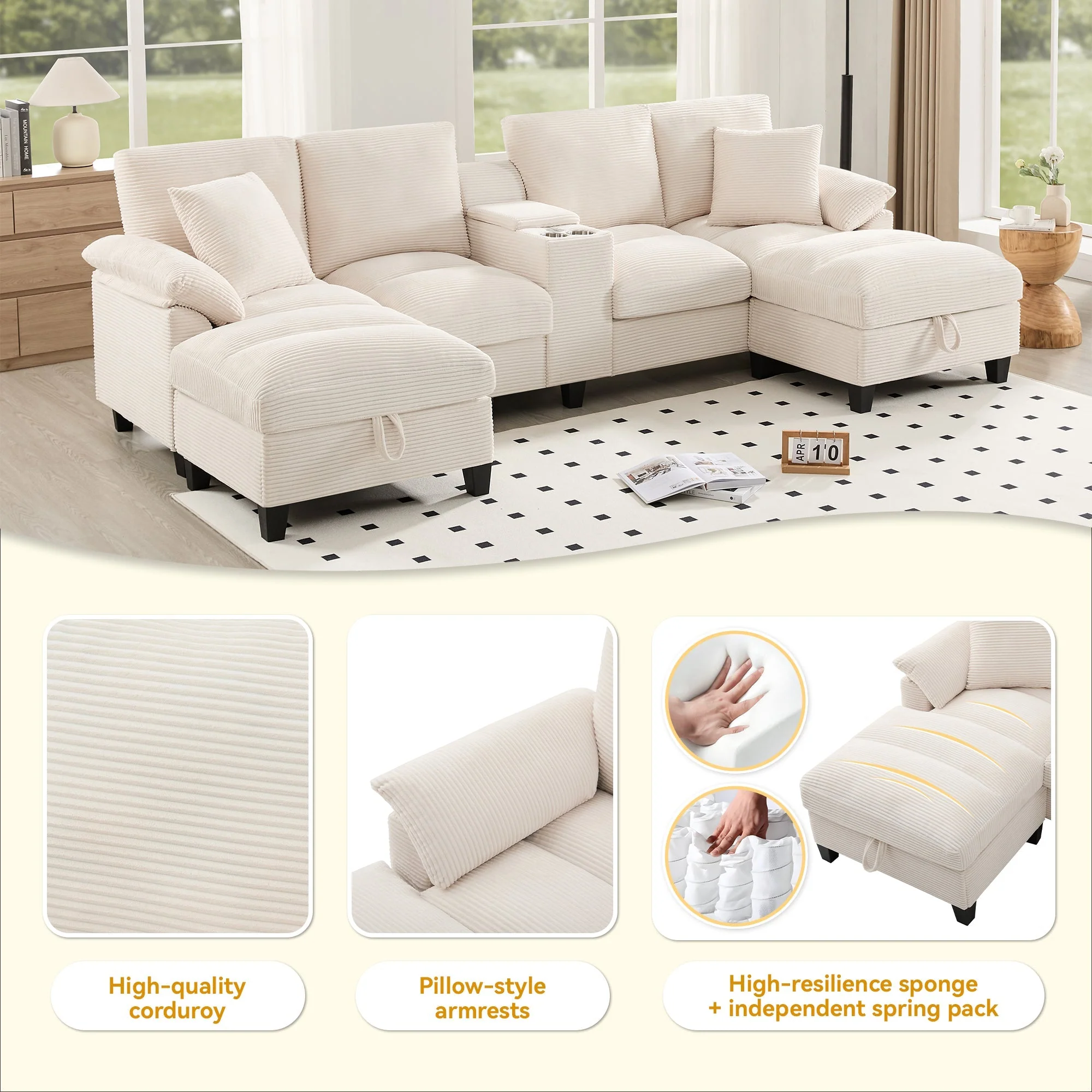 U-shaped Sofa 4-Seater with Storage USB Ports Cup Holders Oversized Corduroy - Image 9