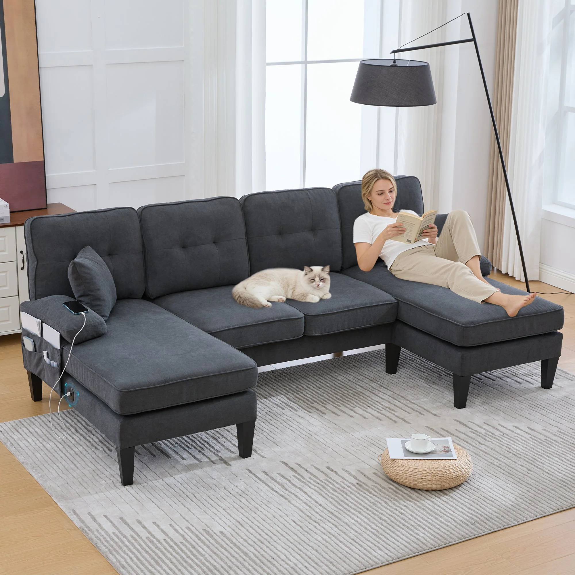 U-shaped Sofa, Large 4-Seater Two Chaise Lounges Modern, Dark Grey Linen Fabric