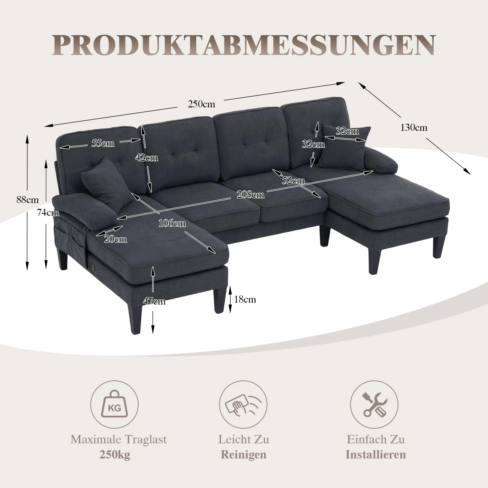 U-shaped Sofa, Large 4-Seater Two Chaise Lounges Modern, Dark Grey Linen Fabric - Image 2