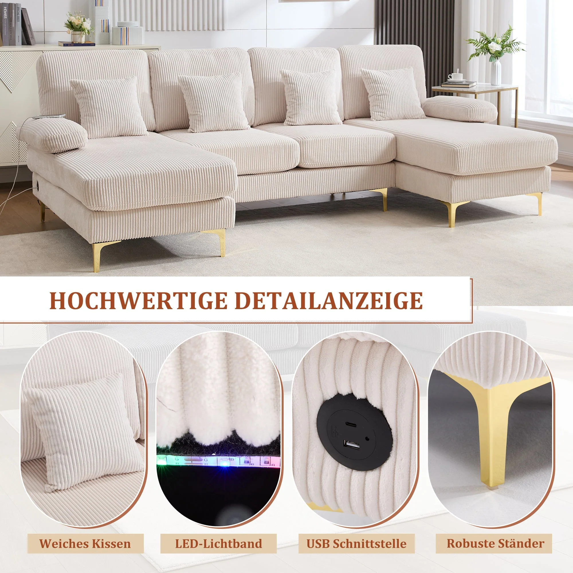 U-shaped Sofa, LED Ambient Lighting, USB-C Port, Solid Wood Frame, Beige - Image 3