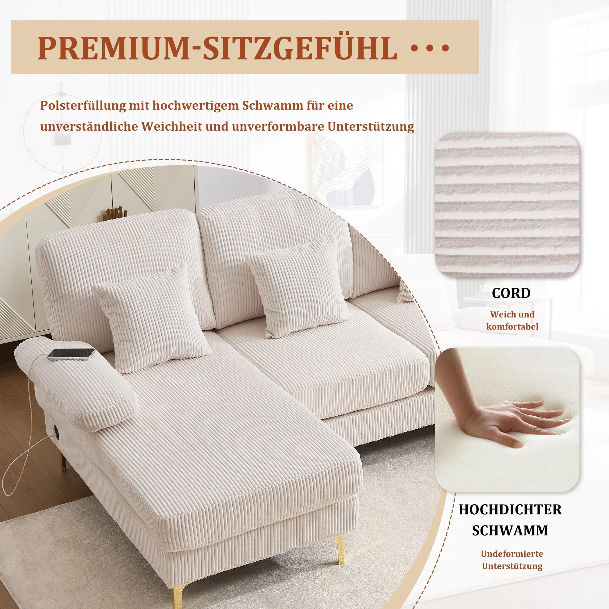 U-shaped Sofa, LED Ambient Lighting, USB-C Port, Solid Wood Frame, Beige - Image 4