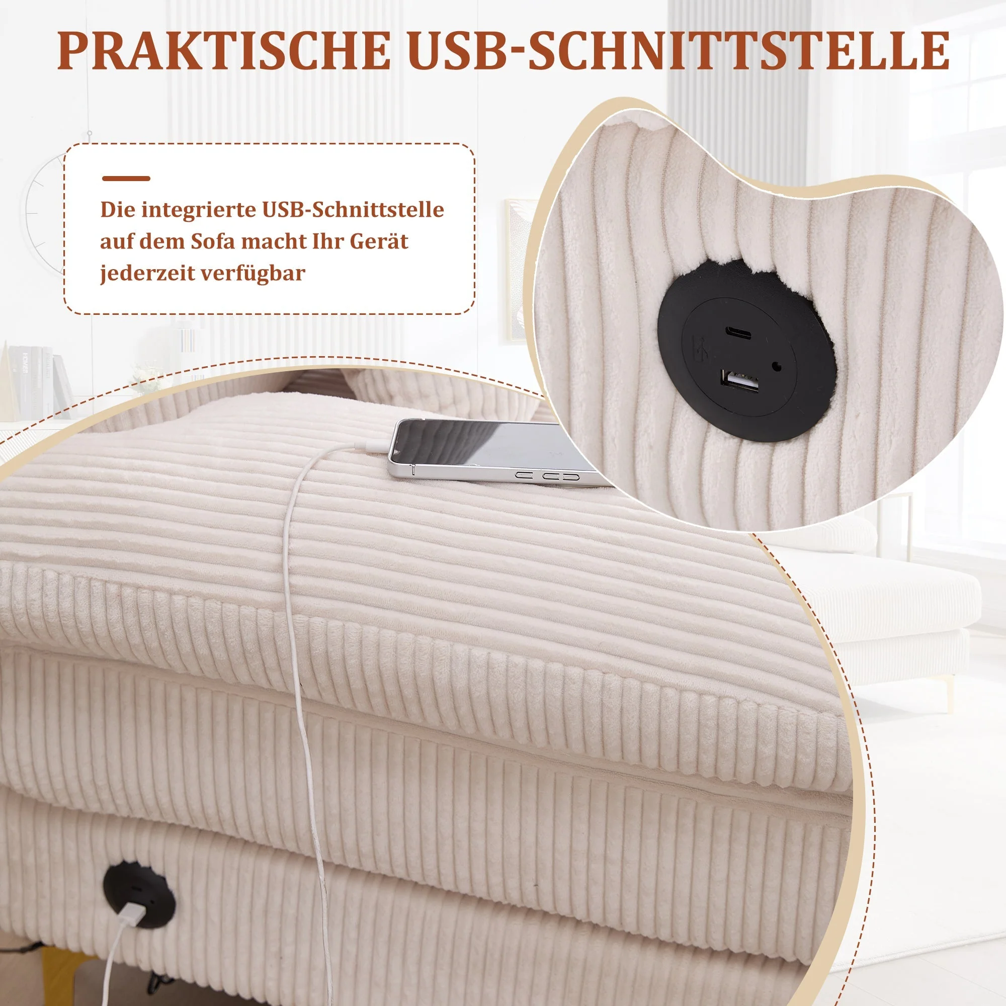 U-shaped Sofa, LED Ambient Lighting, USB-C Port, Solid Wood Frame, Beige - Image 5