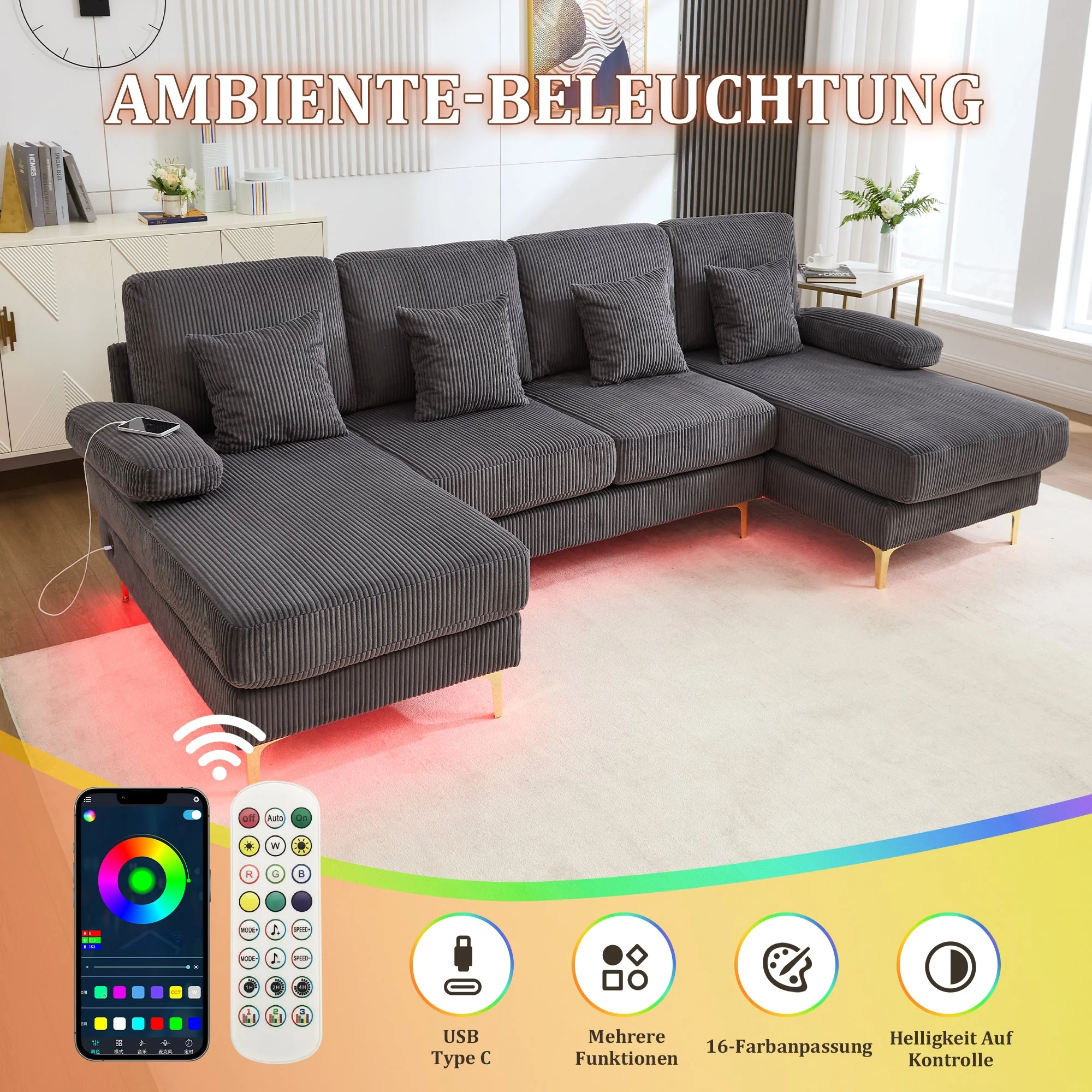 U-Shaped Sofa, LED Ambient Lighting & USB-C Port, Solid Wood Frame, Grey - Image 2