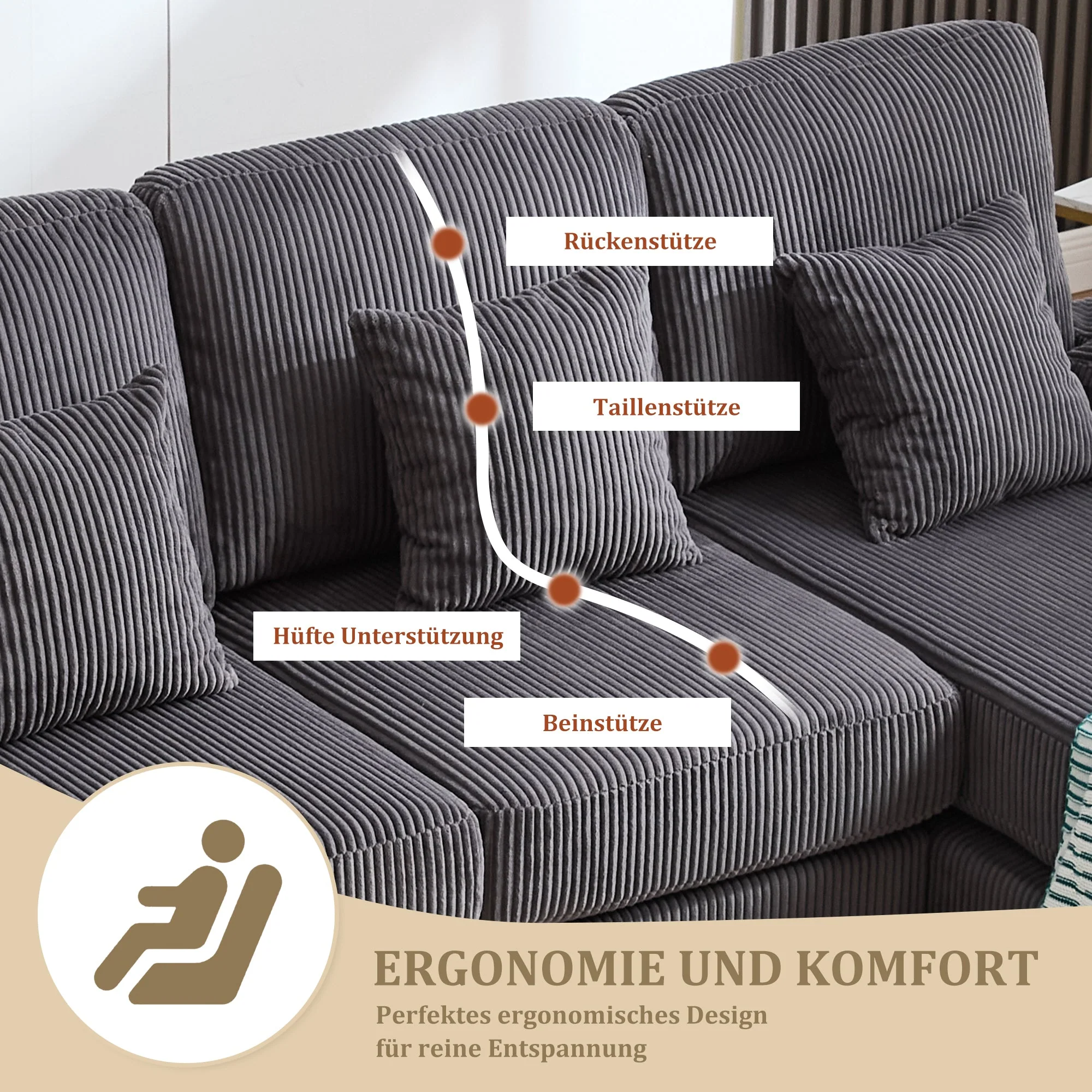 U-Shaped Sofa, LED Ambient Lighting & USB-C Port, Solid Wood Frame, Grey - Image 4