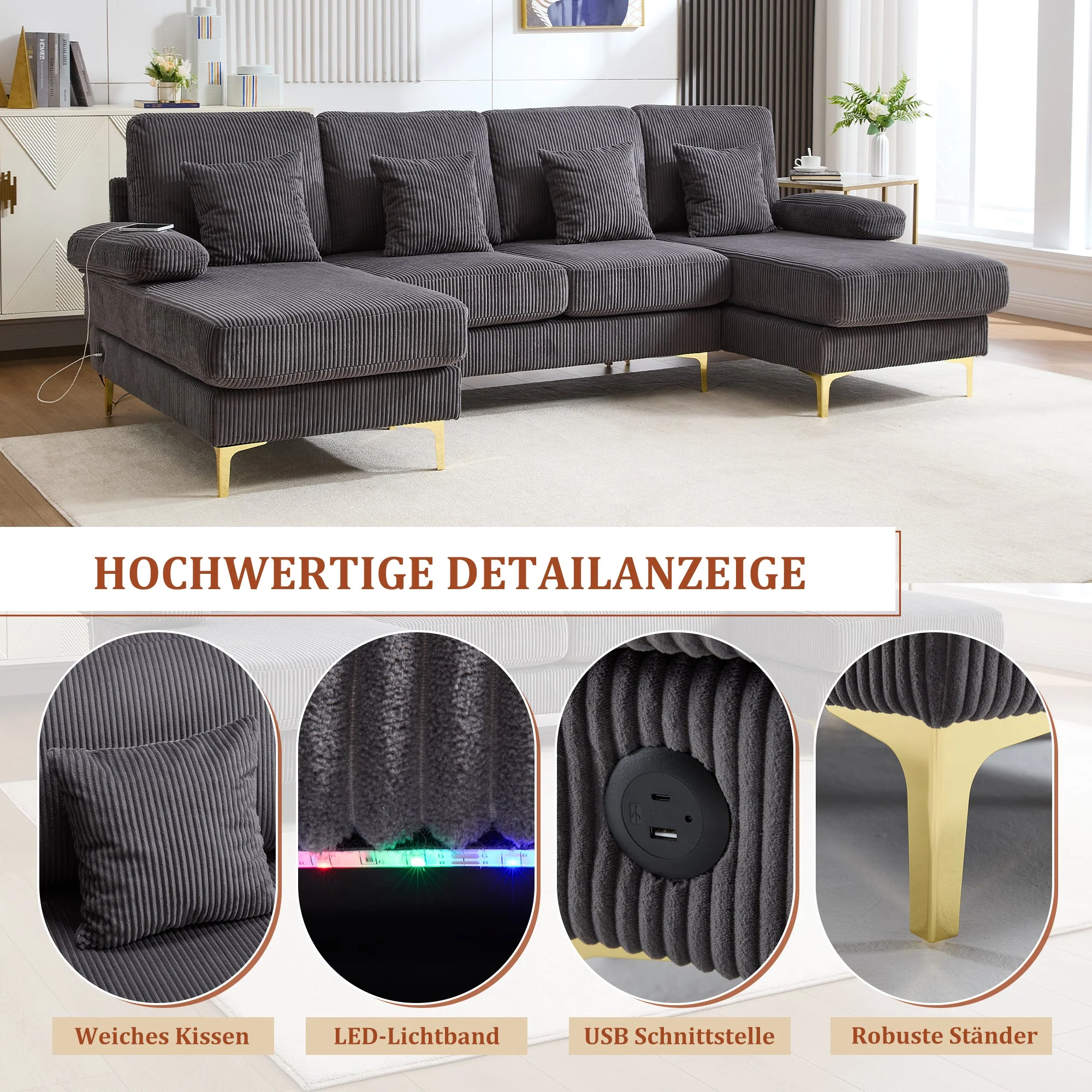 U-Shaped Sofa, LED Ambient Lighting & USB-C Port, Solid Wood Frame, Grey - Image 5