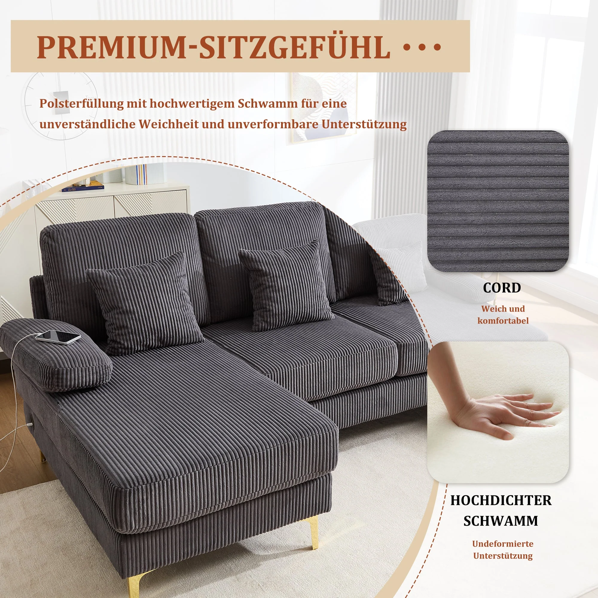 U-Shaped Sofa, LED Ambient Lighting & USB-C Port, Solid Wood Frame, Grey - Image 6