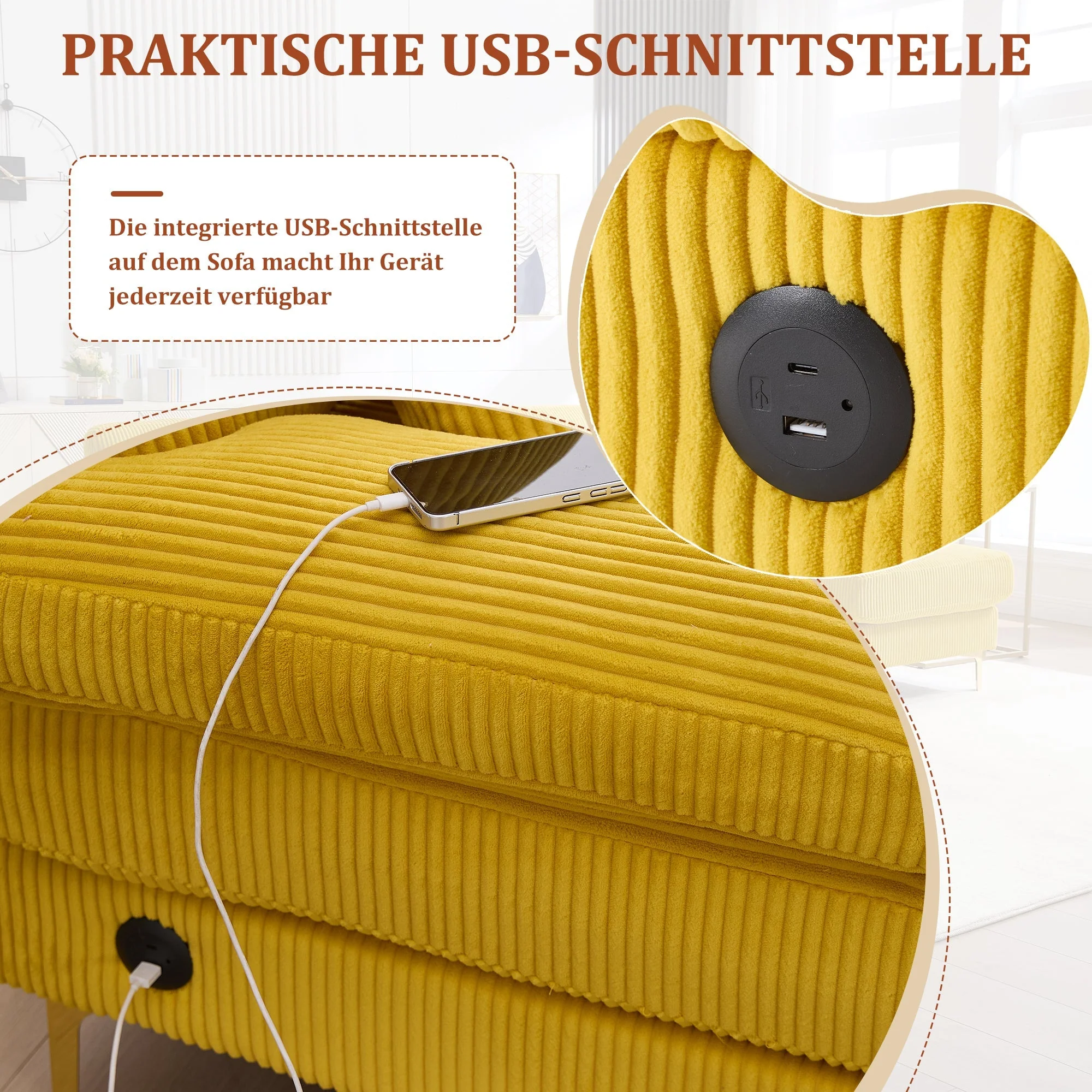 U-Shaped Sofa, LED Ambient Lighting & USB-C Port, Yellow - Image 3