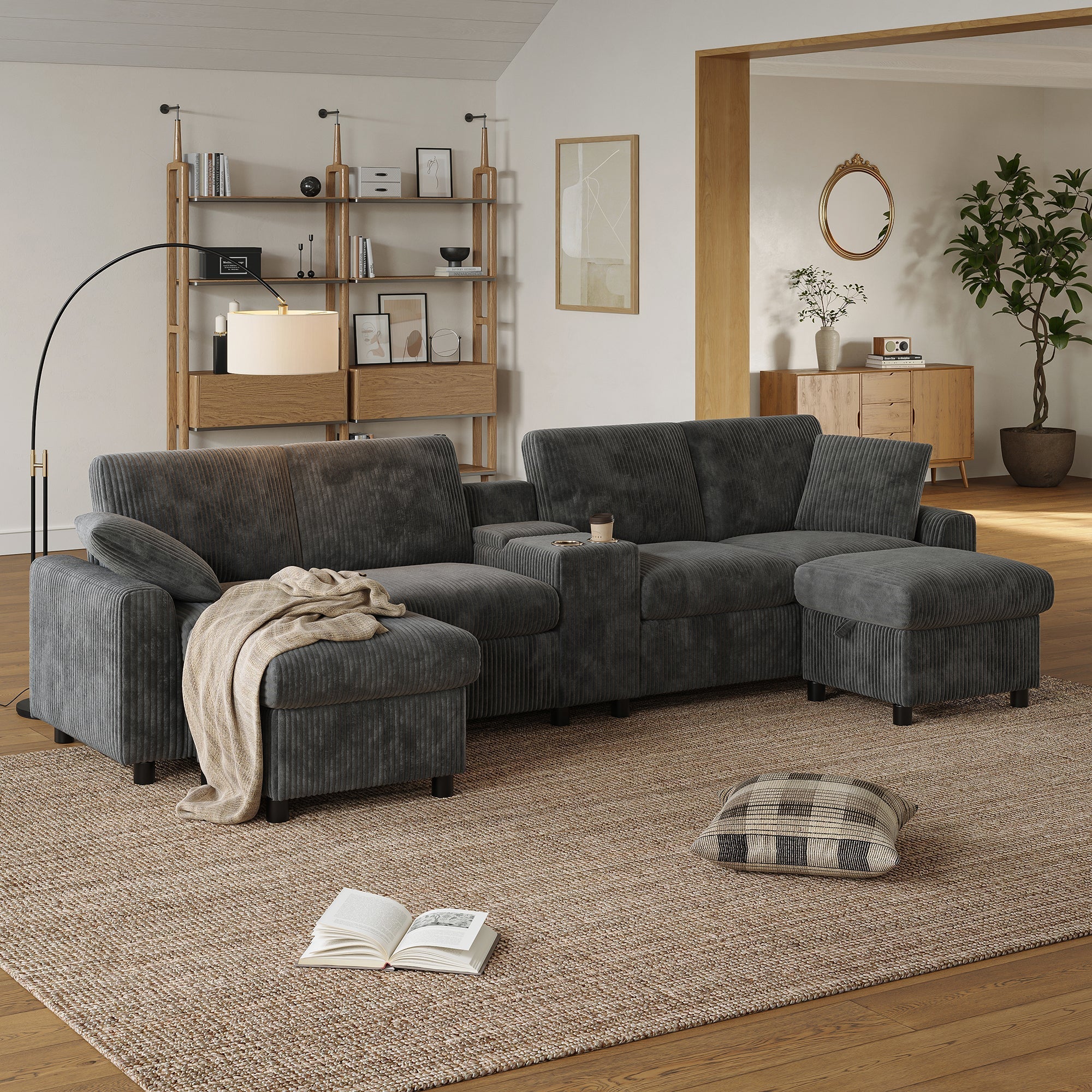 U-shaped Sofa with Storage Footstools Coffee Table USB Power Corduroy Grey - Image 10