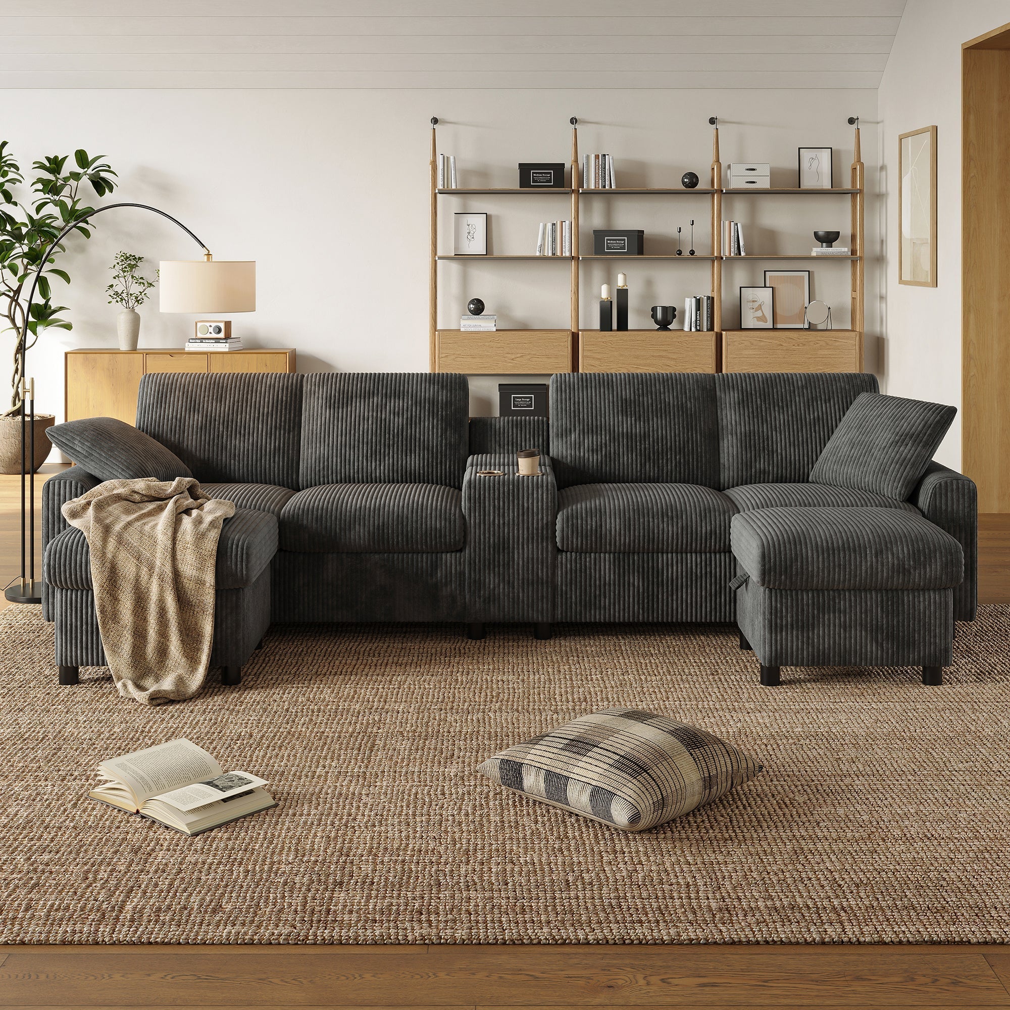 U-shaped Sofa with Storage Footstools Coffee Table USB Power Corduroy Grey - Image 2