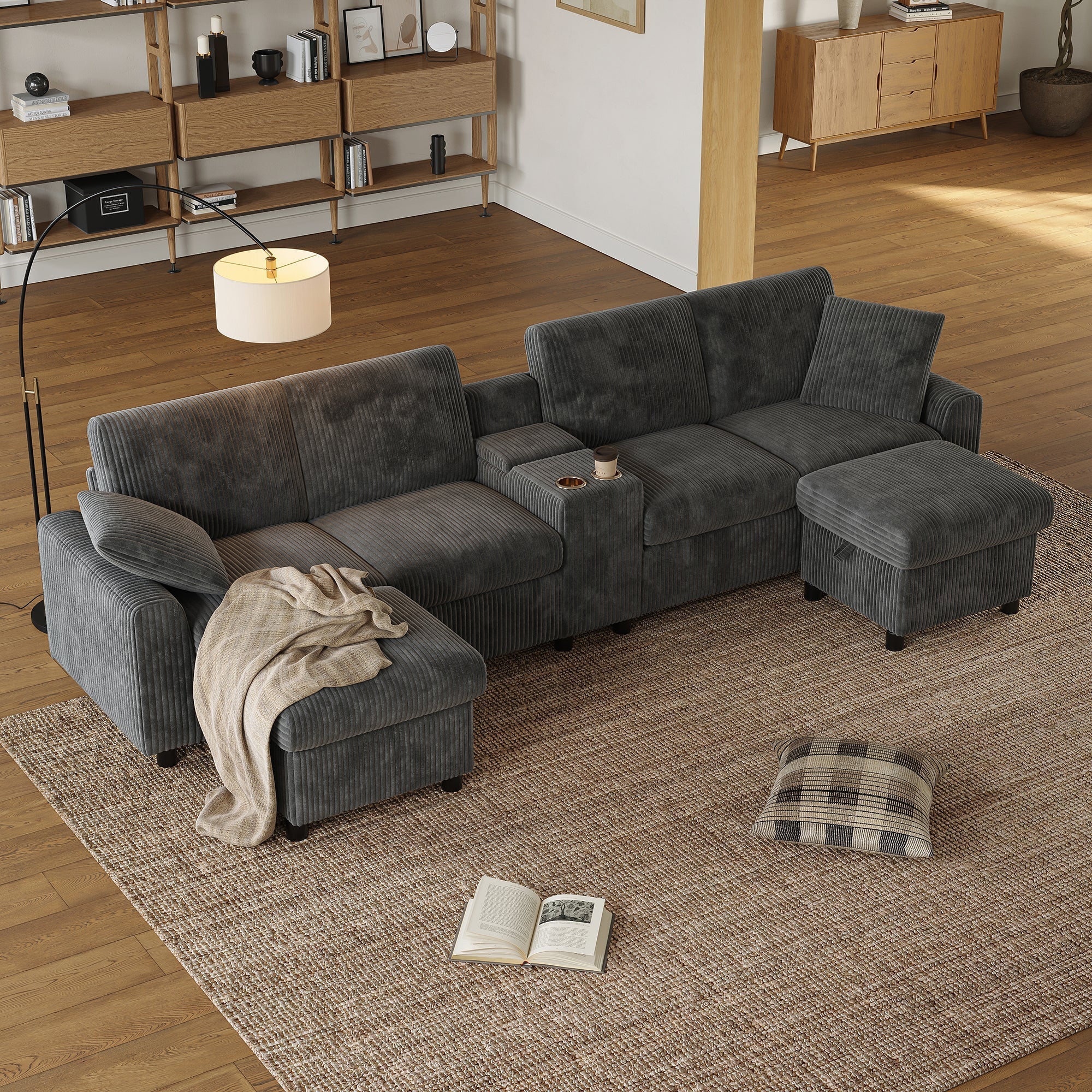 U-shaped Sofa with Storage Footstools Coffee Table USB Power Corduroy Grey - Image 3