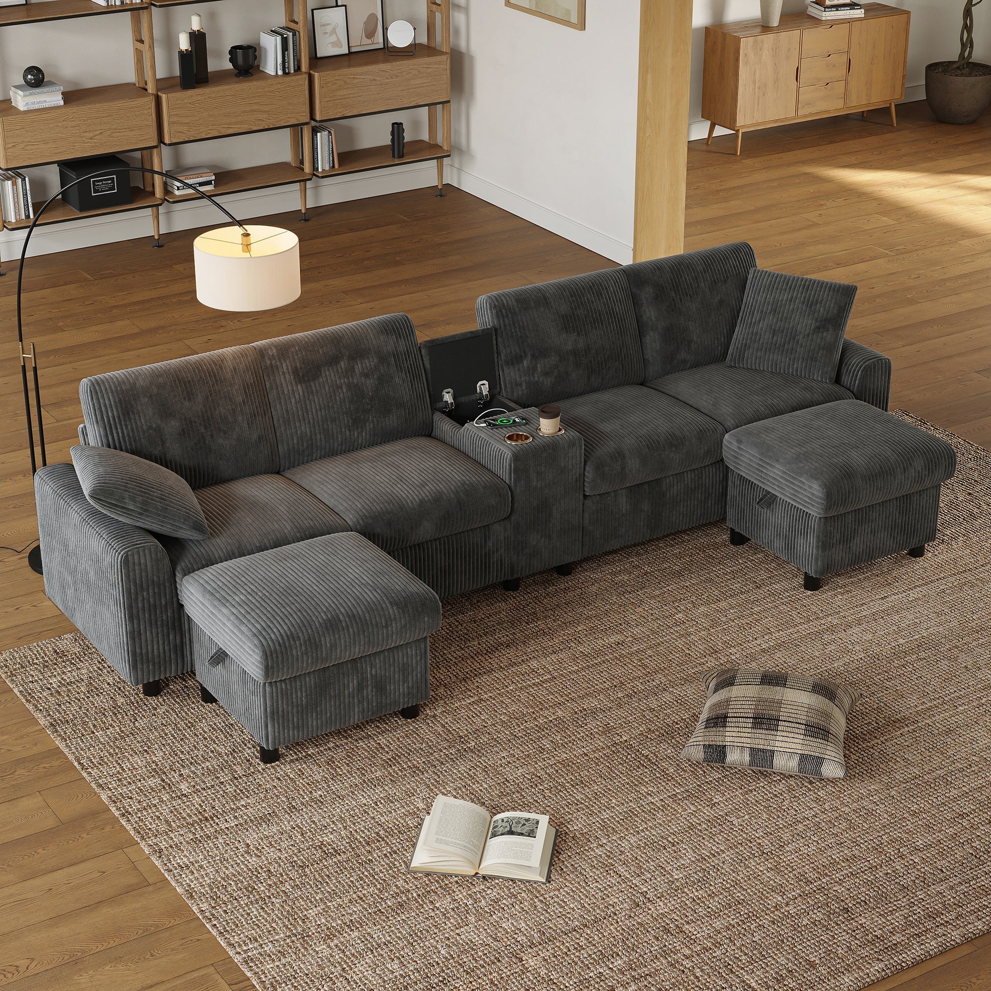 U-shaped Sofa with Storage Footstools Coffee Table USB Power Corduroy Grey - Image 4