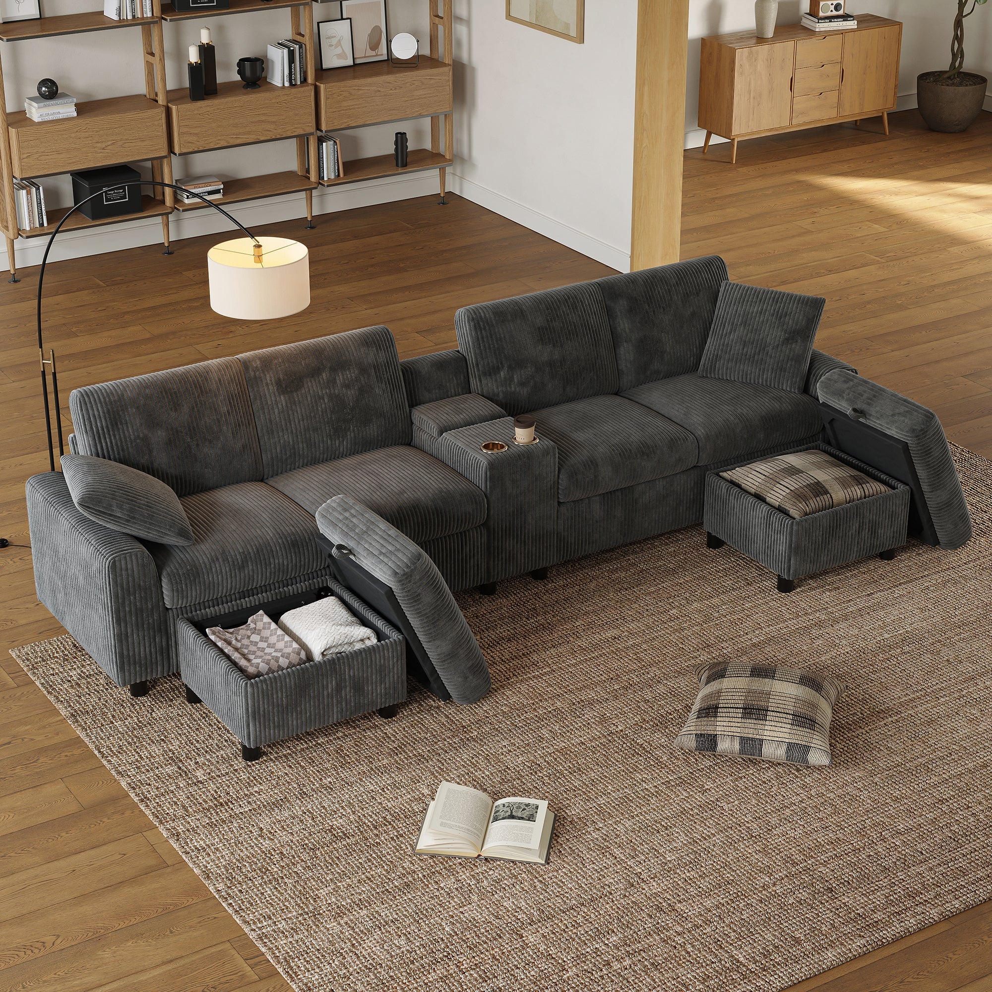 U-shaped Sofa with Storage Footstools Coffee Table USB Power Corduroy Grey - Image 5