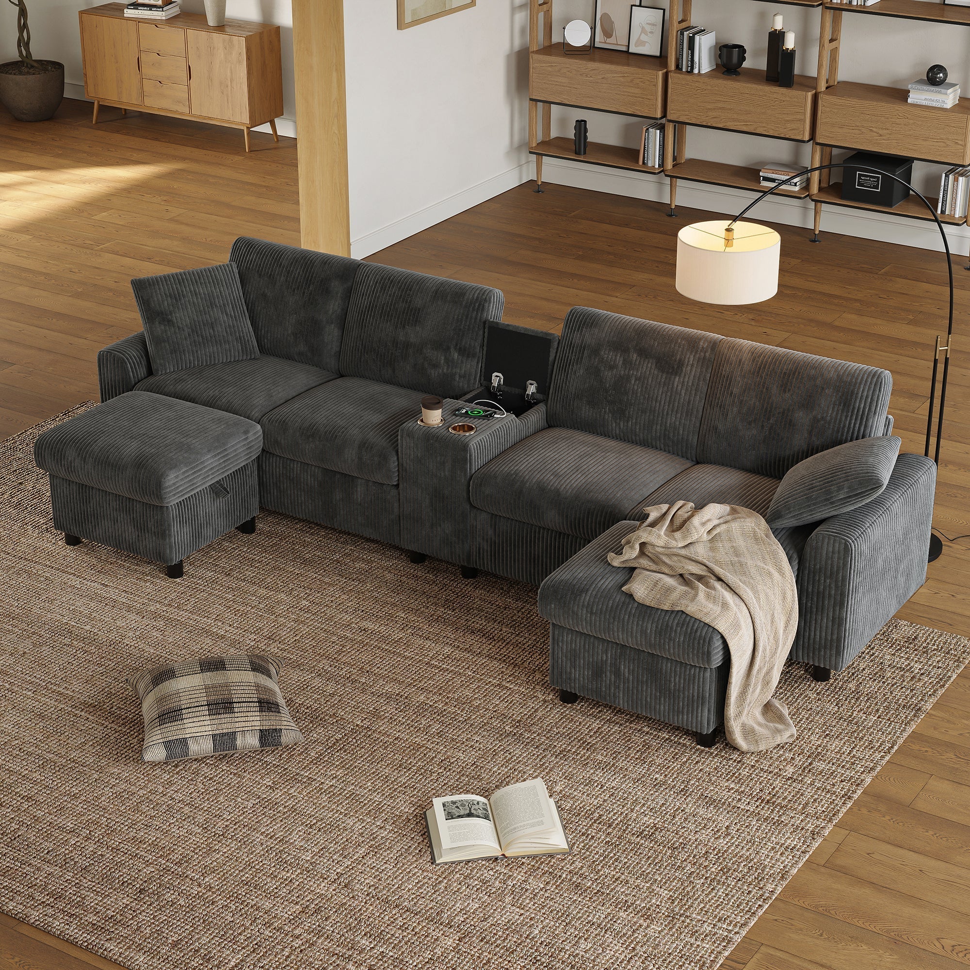 U-shaped Sofa with Storage Footstools Coffee Table USB Power Corduroy Grey - Image 6