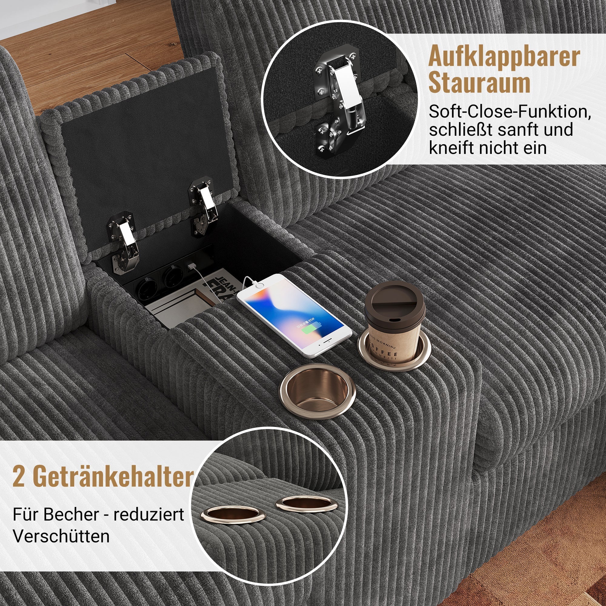 U-shaped Sofa with Storage Footstools Coffee Table USB Power Corduroy Grey - Image 7