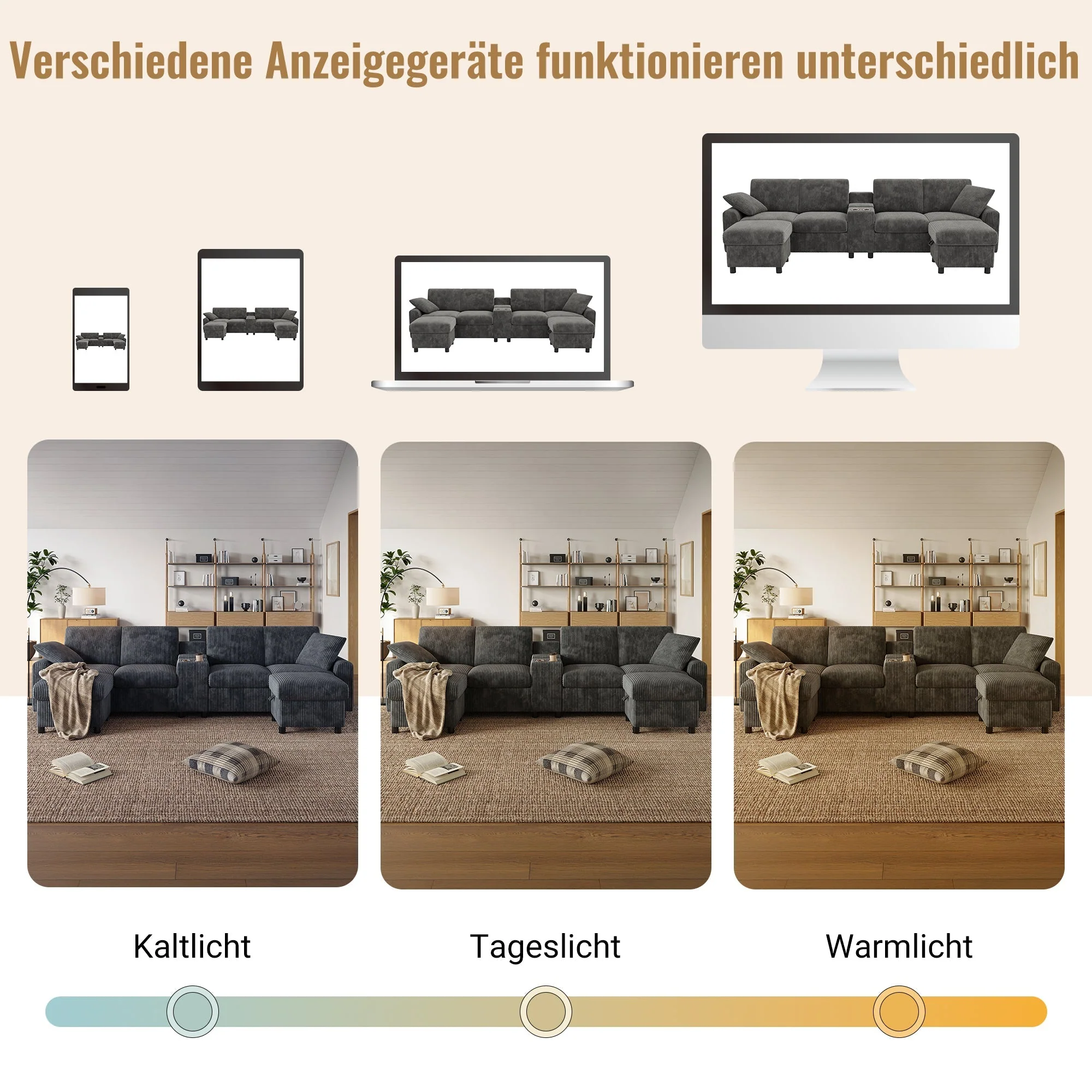 U-shaped Sofa with Storage Footstools Coffee Table USB Power Corduroy Grey - Image 9