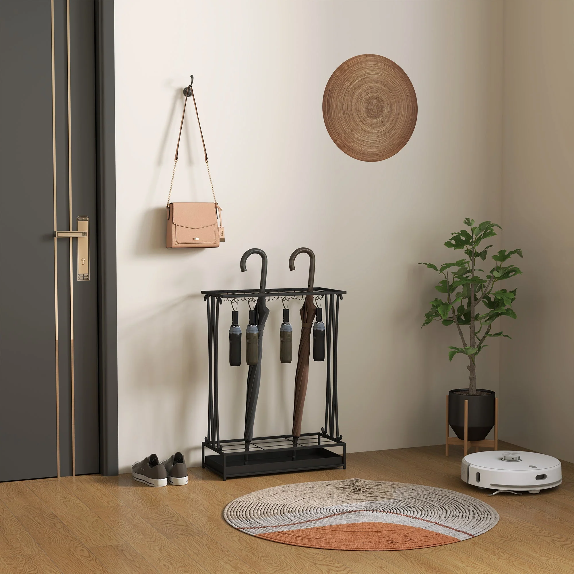 Umbrella Stand, Rectangular Holder with 24 Hooks/Removable Water Tray, Steel Black - Image 6