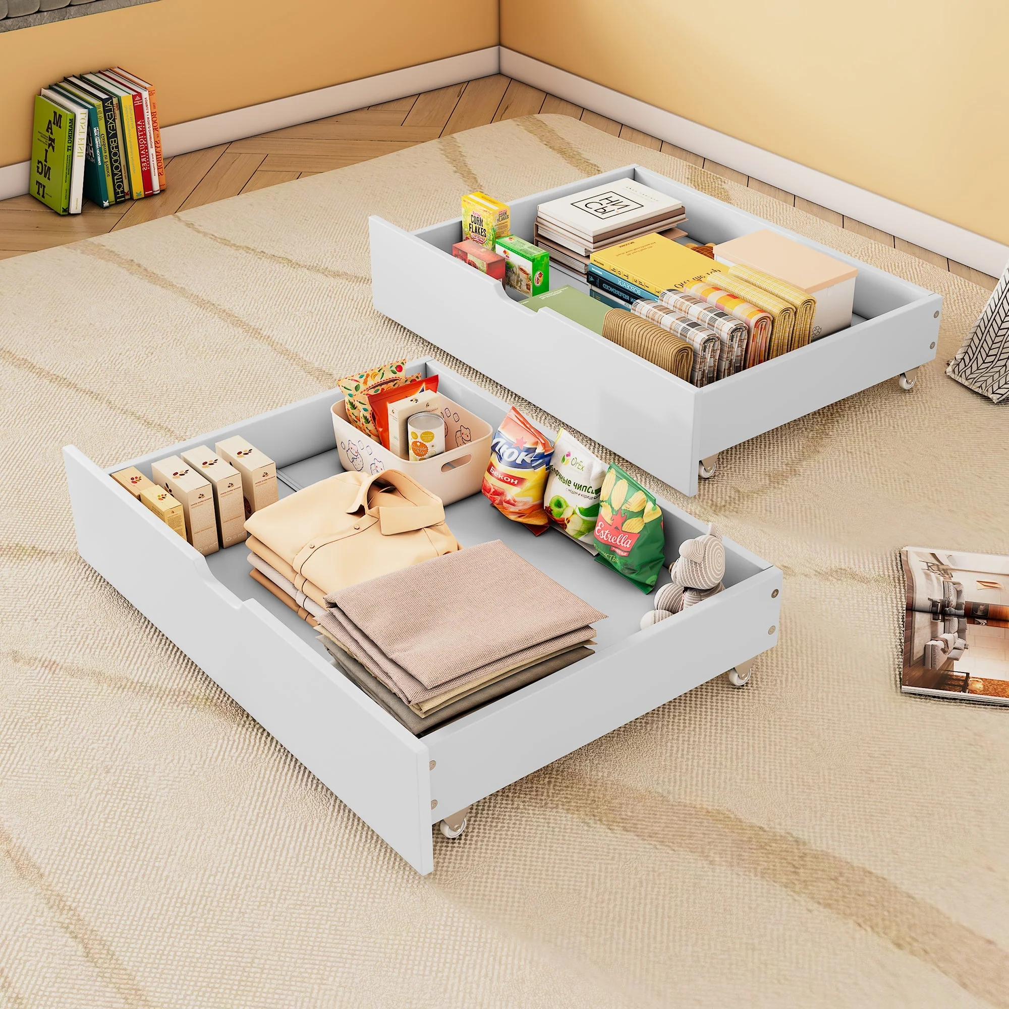 Under Bed Storage Drawers, Two Drawers Casters MDF, White - Image 3