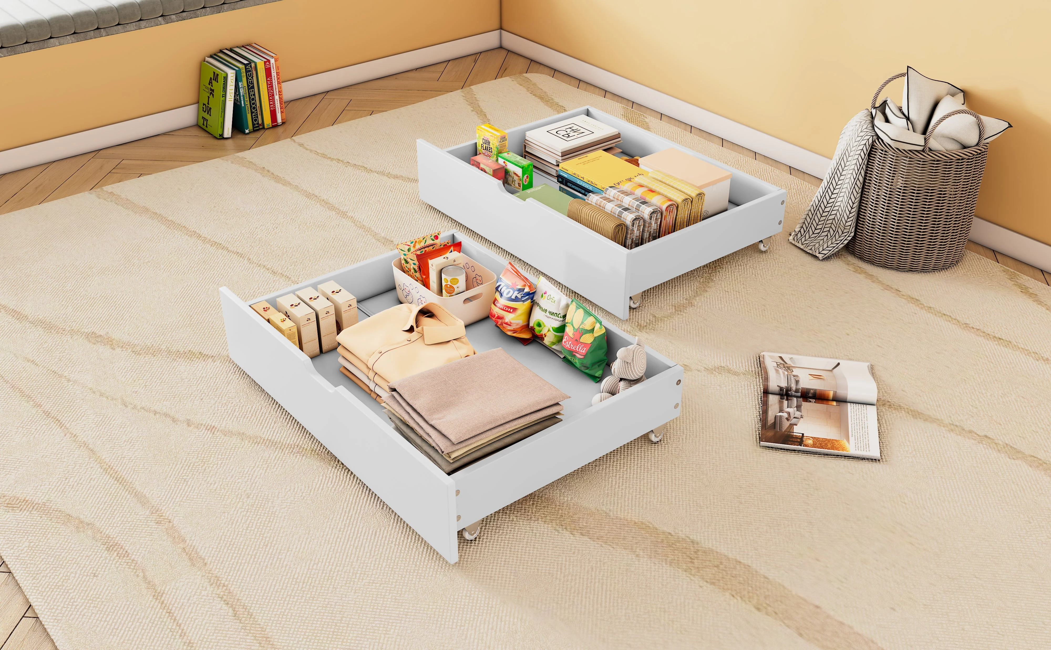 Under Bed Storage Drawers, Two Drawers Casters MDF, White - Image 7