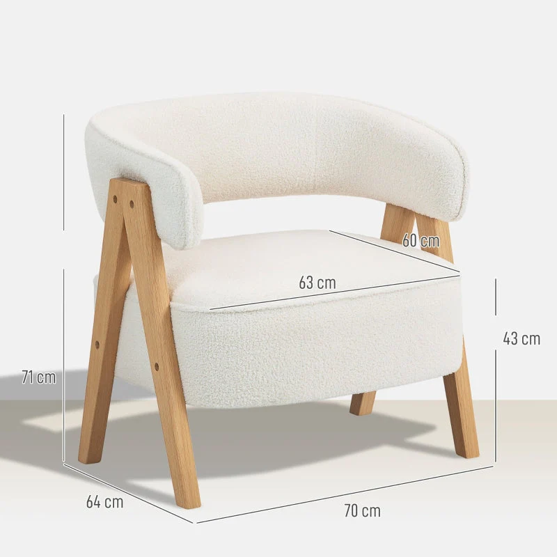 Upholstered Armchair Fleece Cover Wooden Legs - White - Image 3