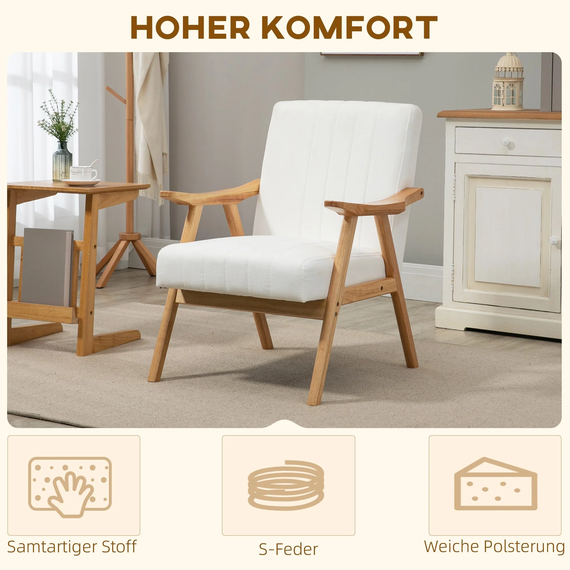 Upholstered Armchair Lounge Chair, Armrests Scandinavian Design, Cream Velvet - Image 4
