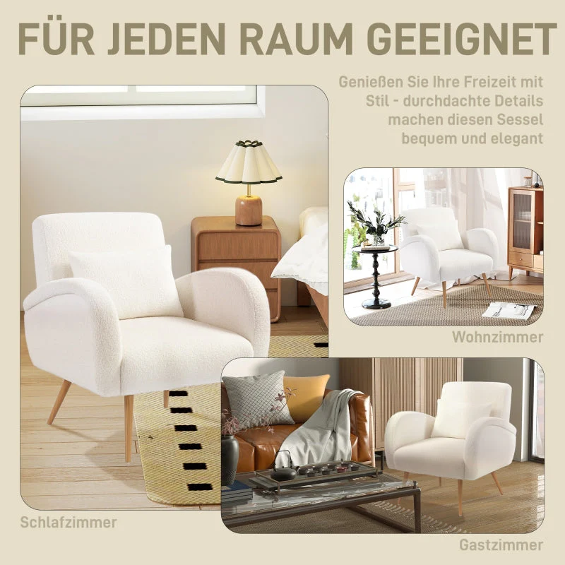 Upholstered Armchair, Padded with Lumbar Cushion and Metal Legs, Fleece, Cream White - Image 6