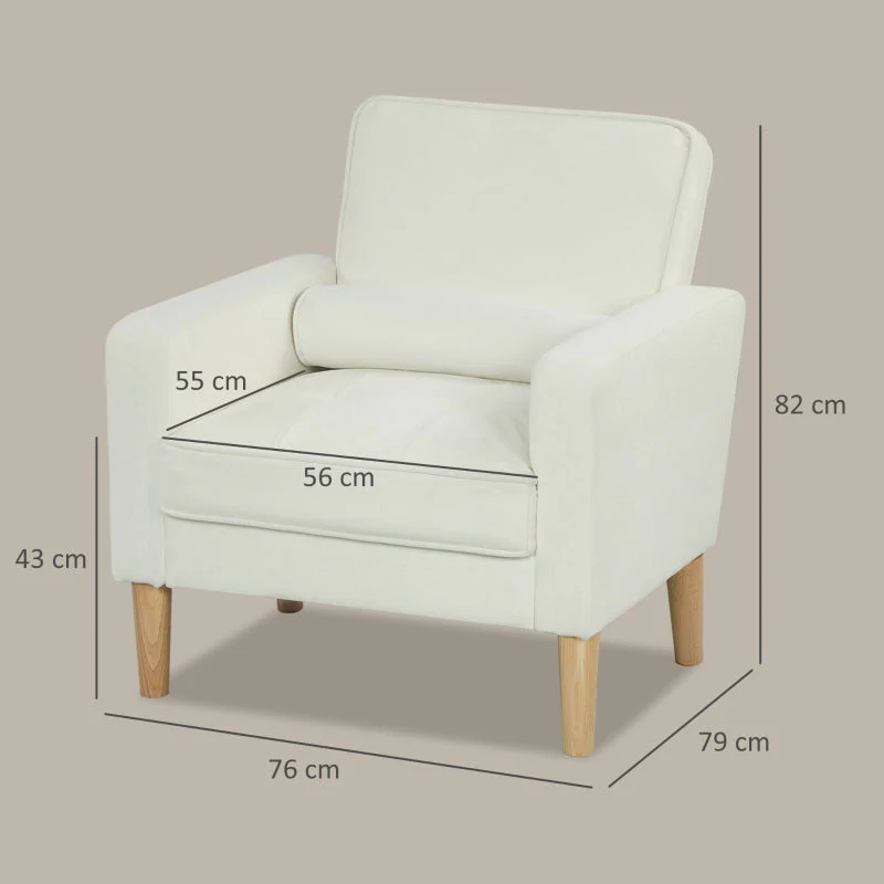 Upholstered Armchair, Reclining Backrest, Rubber Wood, Cream White - Image 3