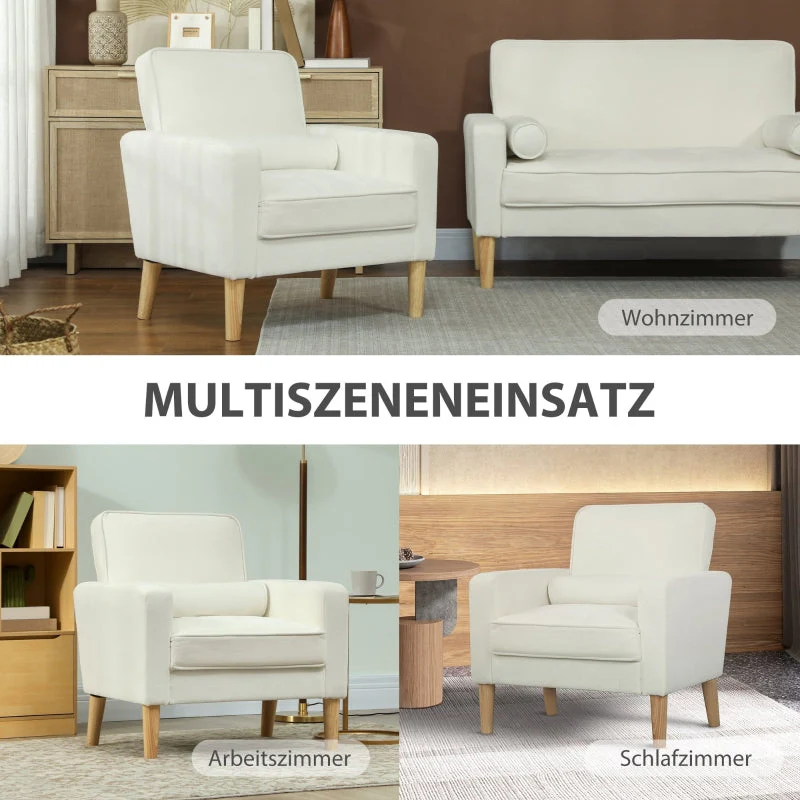 Upholstered Armchair, Reclining Backrest, Rubber Wood, Cream White - Image 8