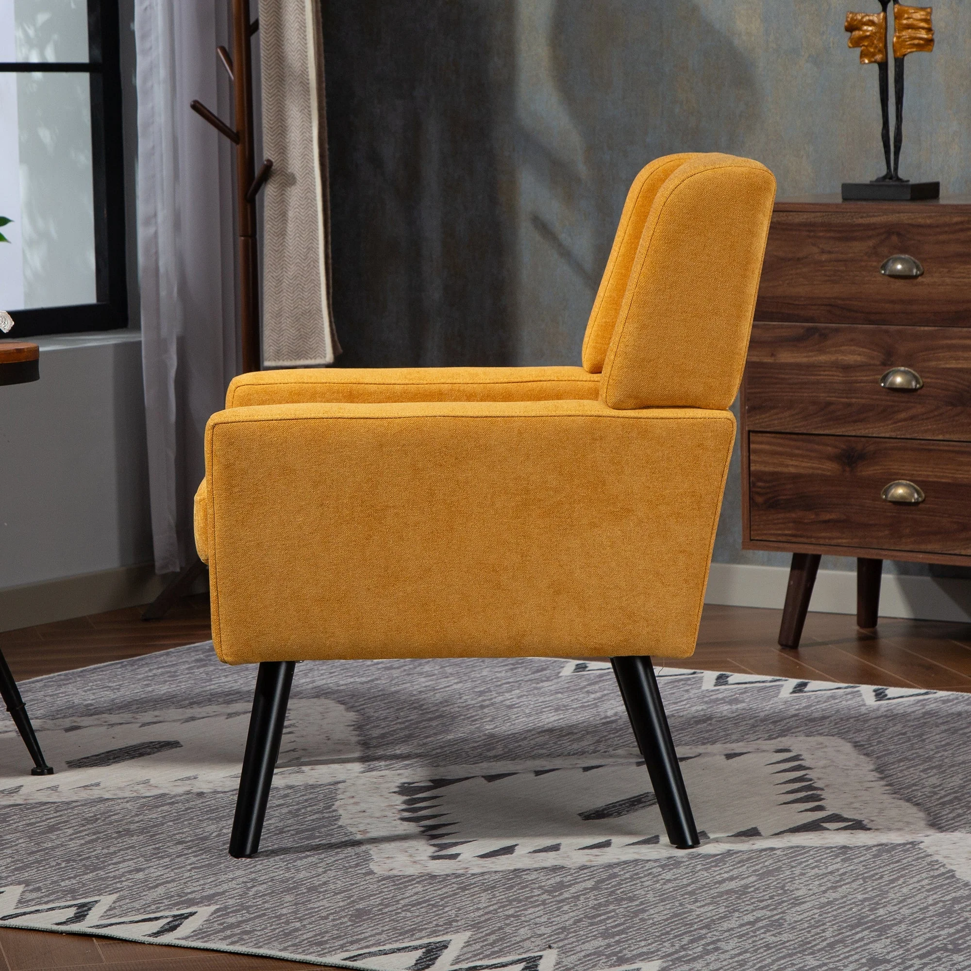 Upholstered Armchair with Buttoned Padding and Solid Wood Legs, Suede Black - Image 3