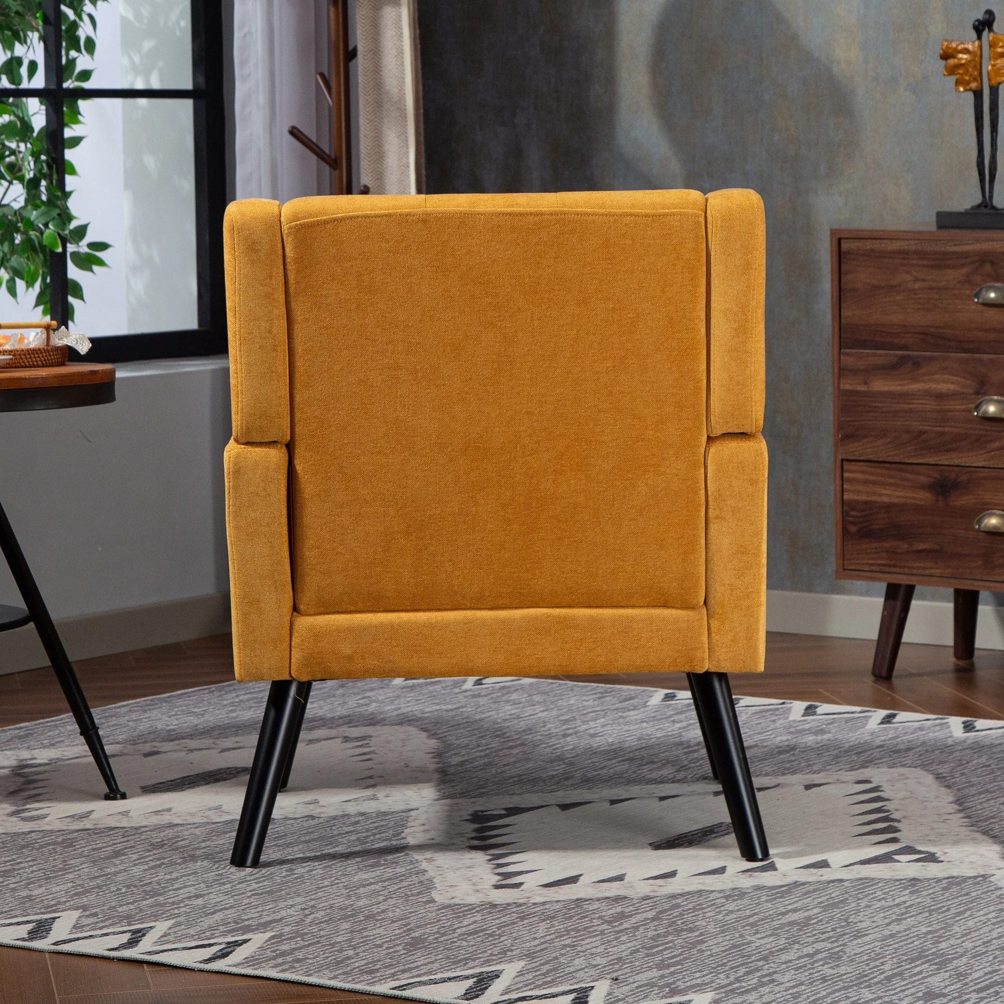 Upholstered Armchair with Buttoned Padding and Solid Wood Legs, Suede Black - Image 4