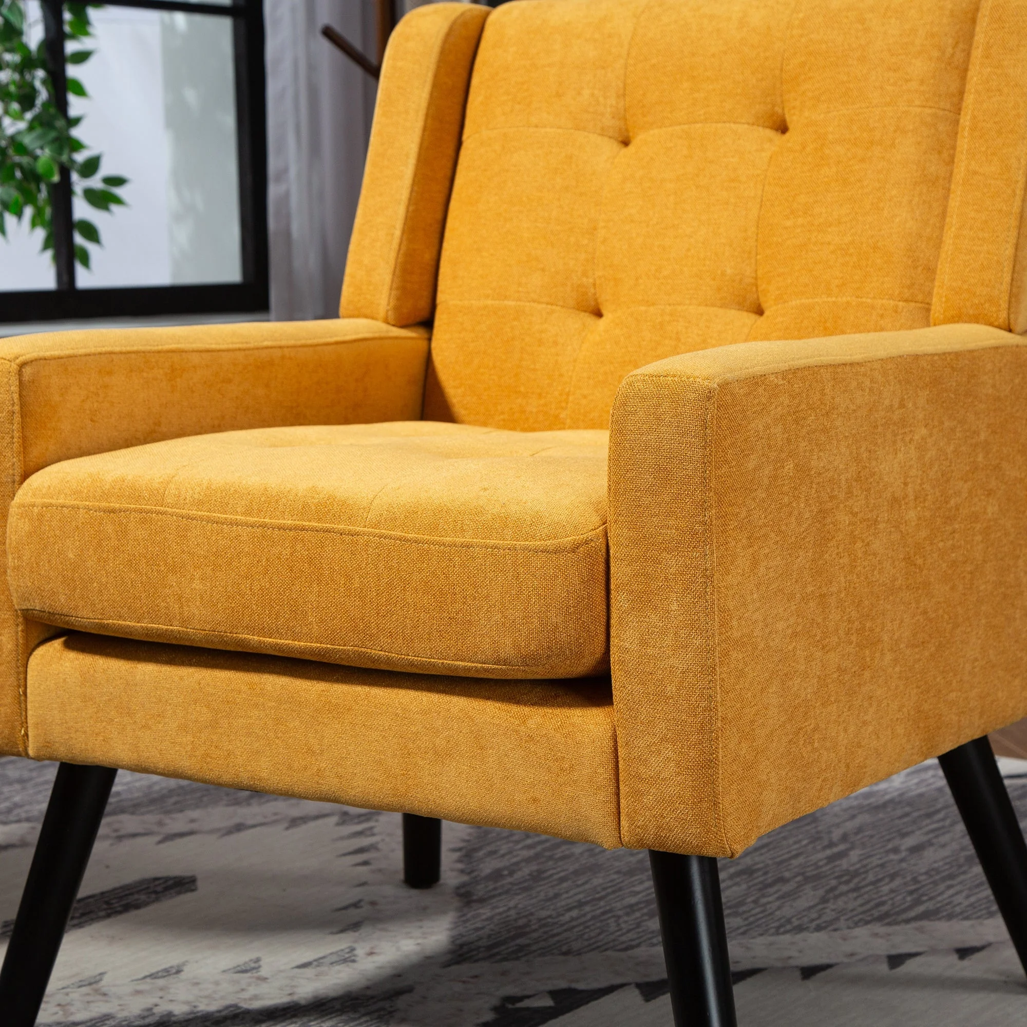 Upholstered Armchair with Buttoned Padding and Solid Wood Legs, Suede Black - Image 7