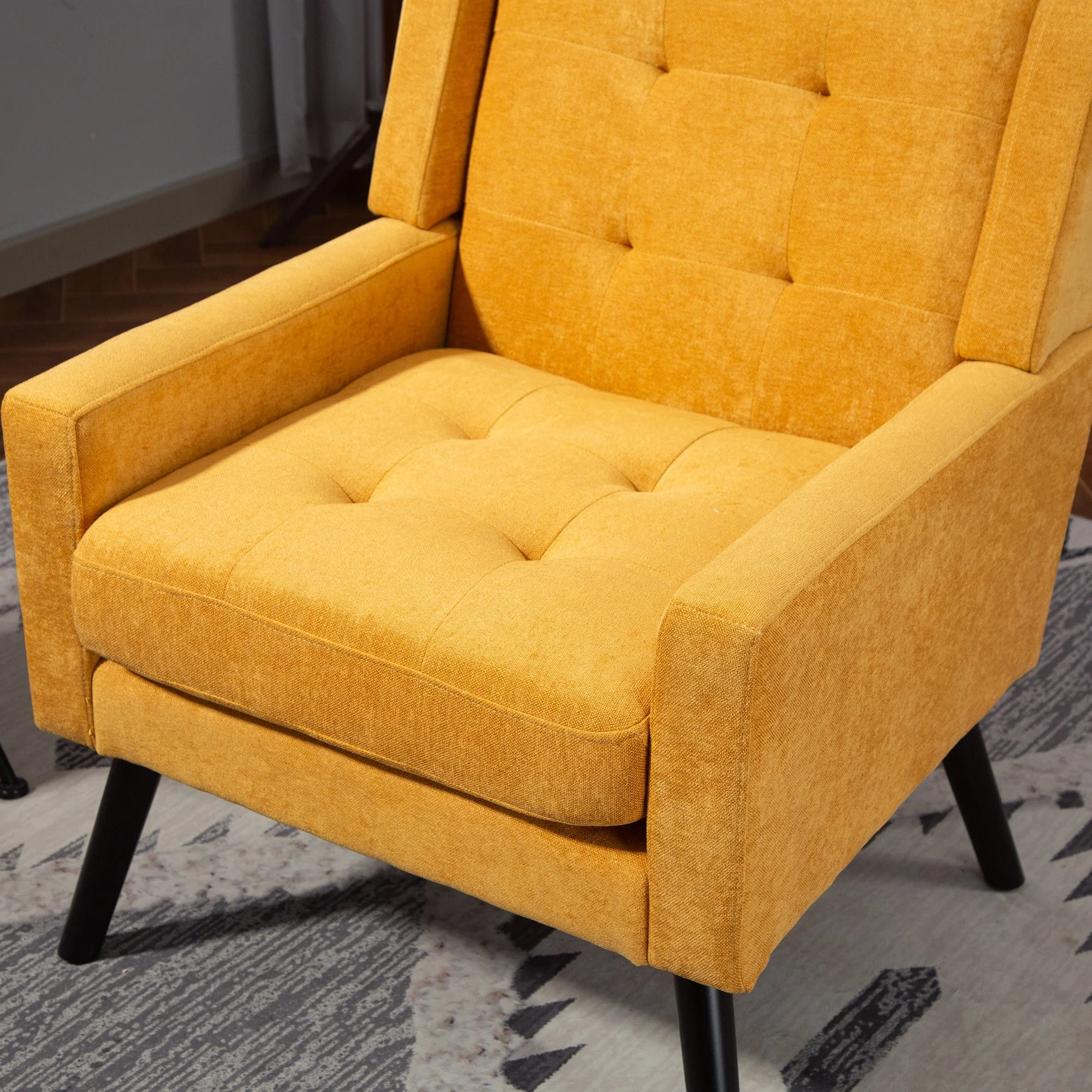 Upholstered Armchair with Buttoned Padding and Solid Wood Legs, Suede Black - Image 9