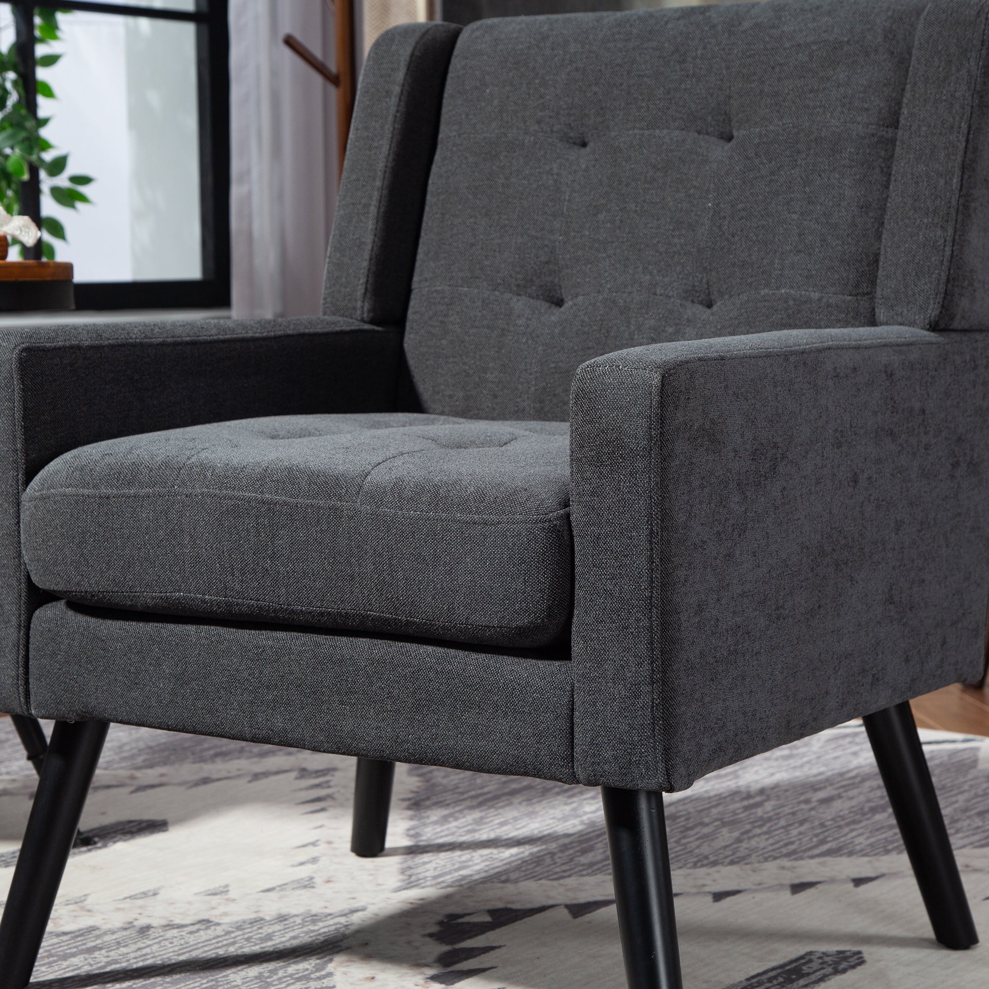 Upholstered Armchair with High-Density Foam and Solid Wood Legs, Black Suede - Image 8