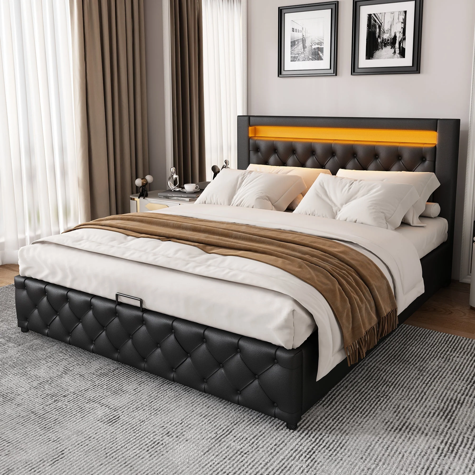 Upholstered Bed, 135x190 cm, Functional with Slatted Frame, Storage, LED Lighting, Black PU - Image 5