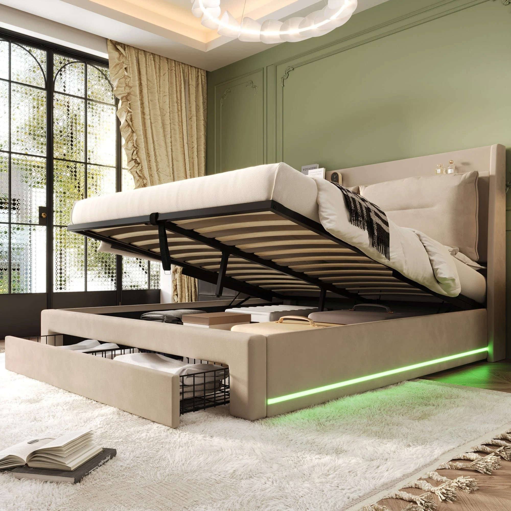 Upholstered Bed, 135x190cm (4ft6) Double, Hydraulic with 2 Storage Drawers & LED Lights, Beige Velvet - Image 2