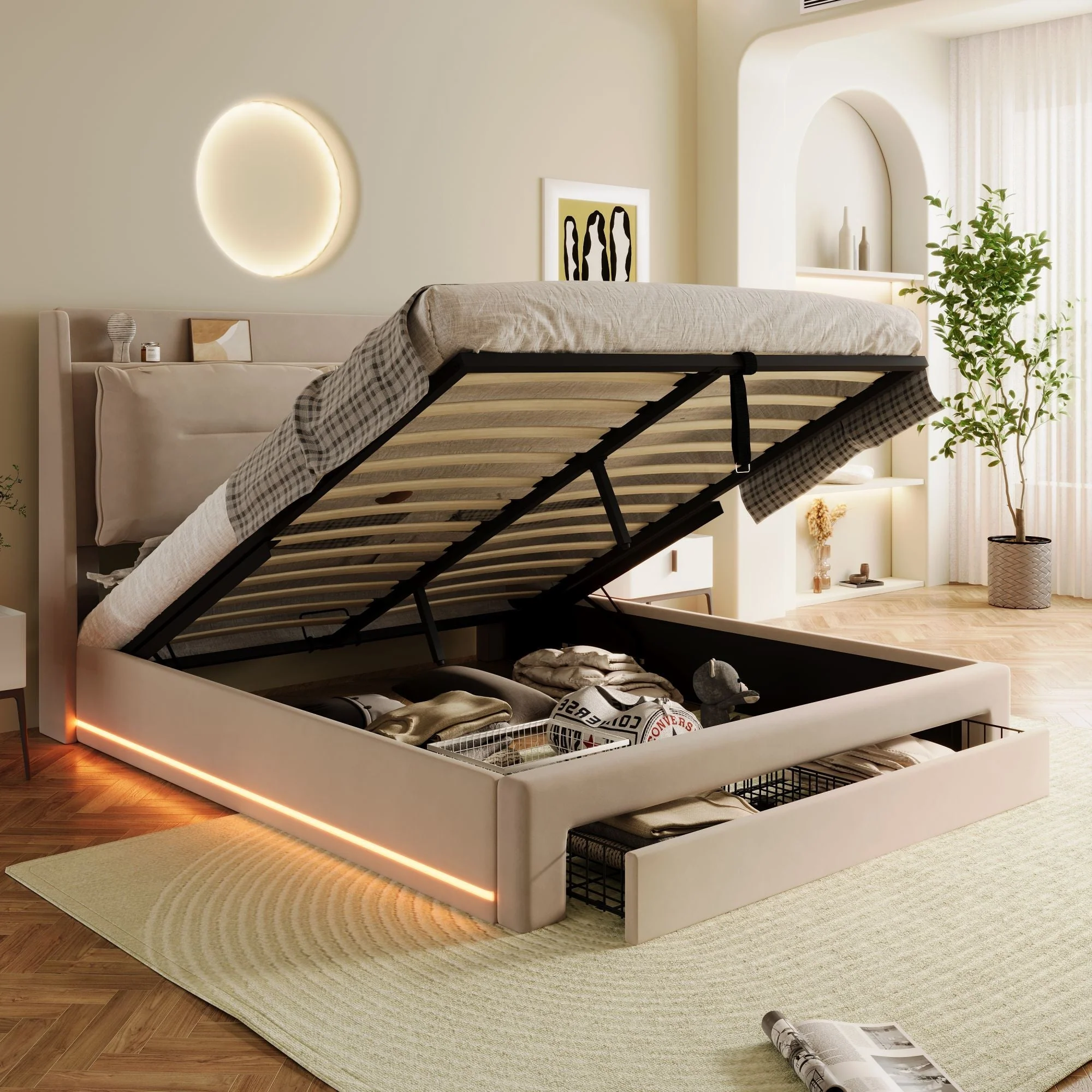 Upholstered Bed, 135x190cm (4ft6) Double, Hydraulic with 2 Storage Drawers & LED Lights, Beige Velvet - Image 5