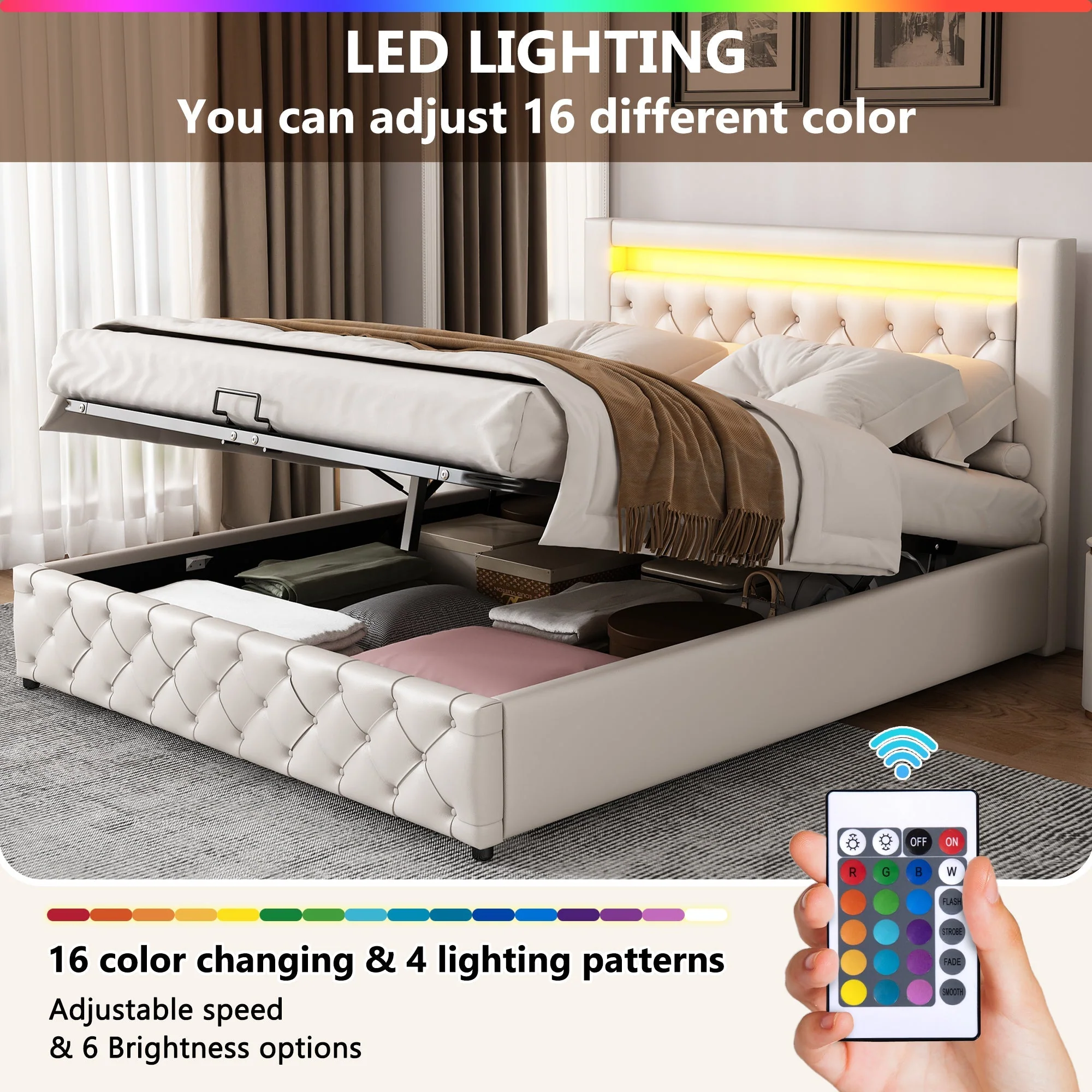 Upholstered Bed 135x190cm, Functional with Slatted Frame, Storage & LED Lighting, White PU - Image 3