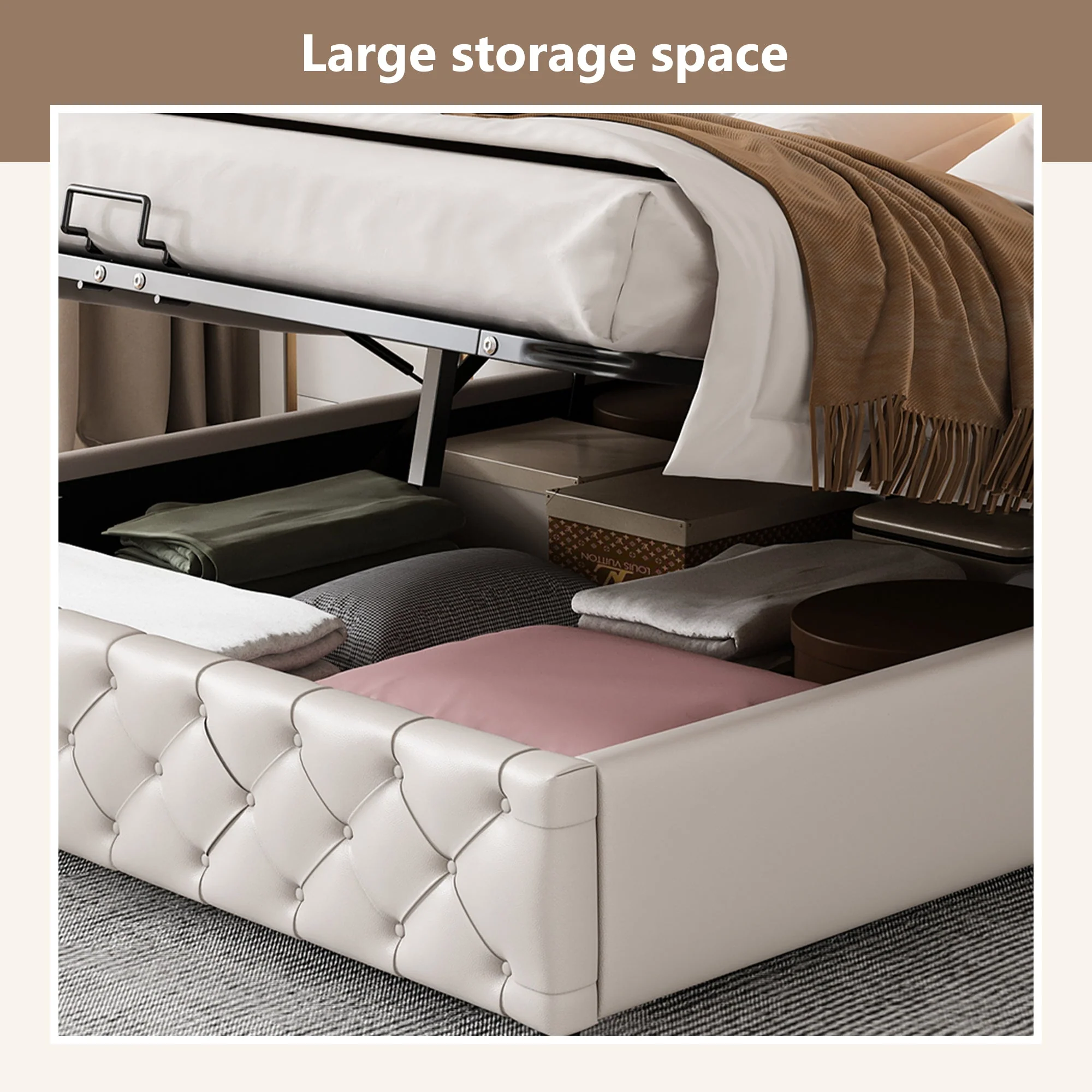 Upholstered Bed 135x190cm, Functional with Slatted Frame, Storage & LED Lighting, White PU - Image 4