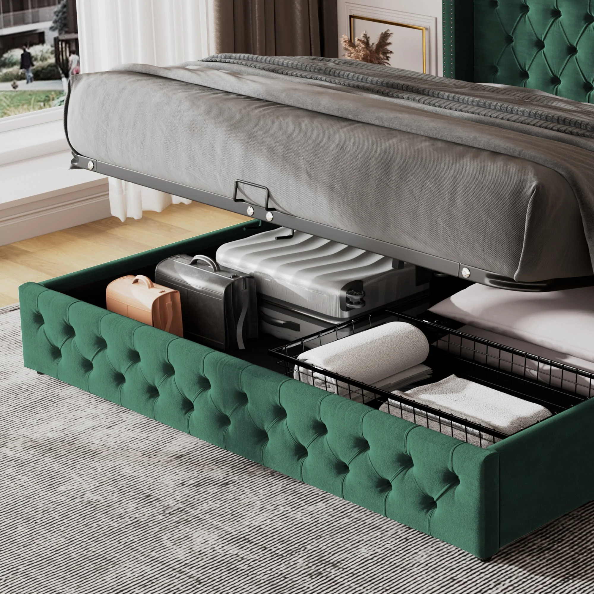 Upholstered Bed, 135x190cm, Hydraulic Lift Storage, Velvet Green - Image 2