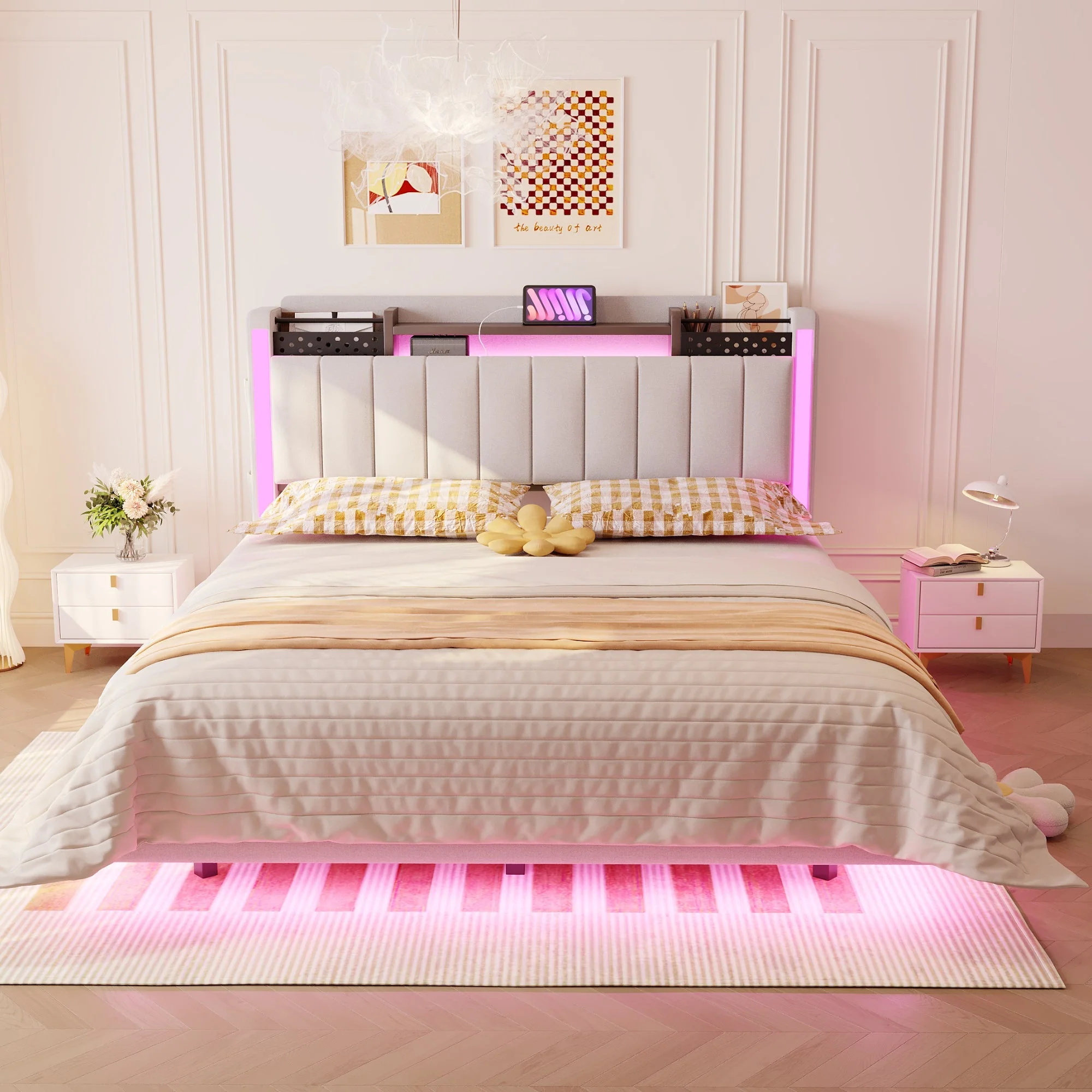 Upholstered Bed 140*200, LED, USB, Storage Headboard, Floating Design, Linen Beige - Image 3