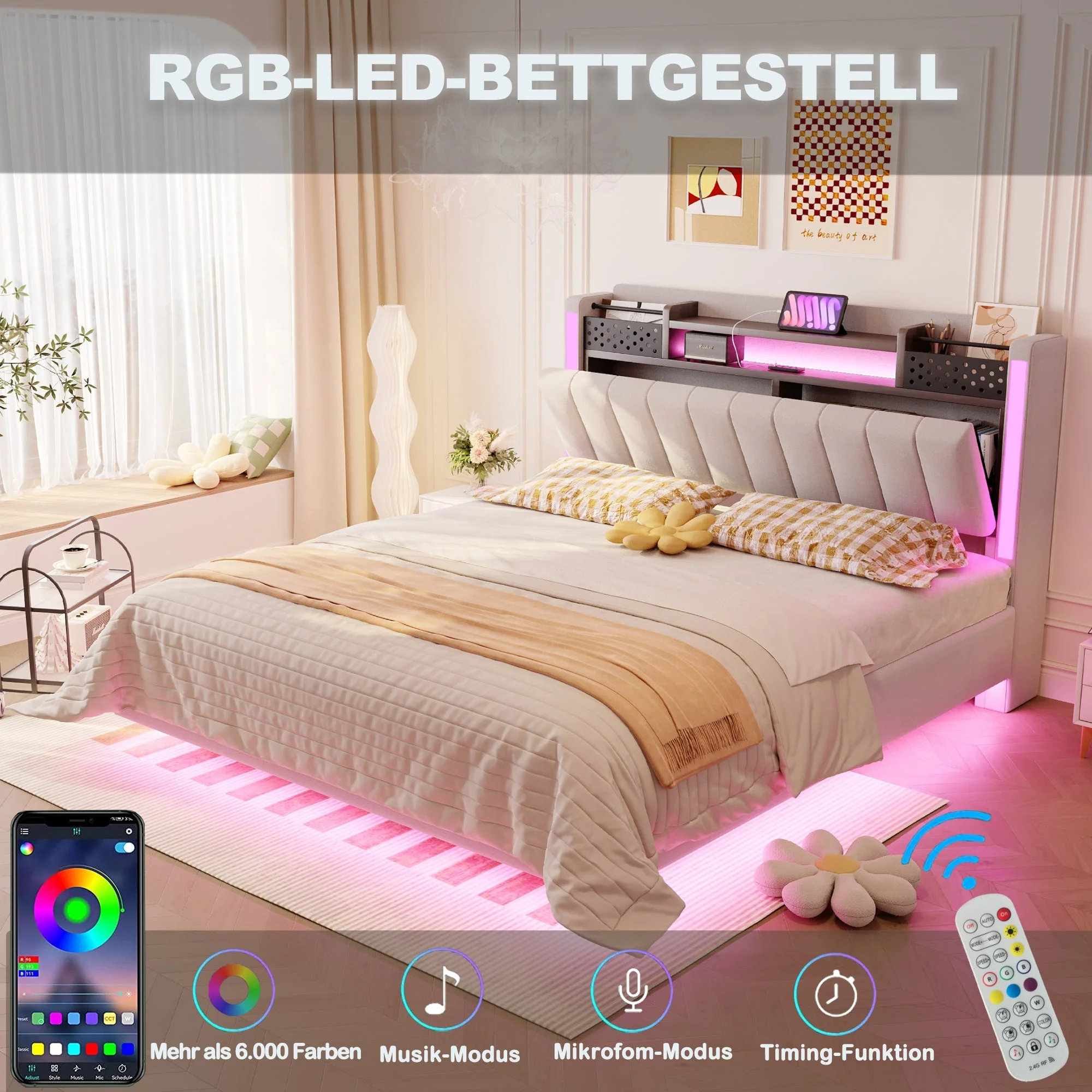 Upholstered Bed 140*200, LED, USB, Storage Headboard, Floating Design, Linen Beige - Image 7