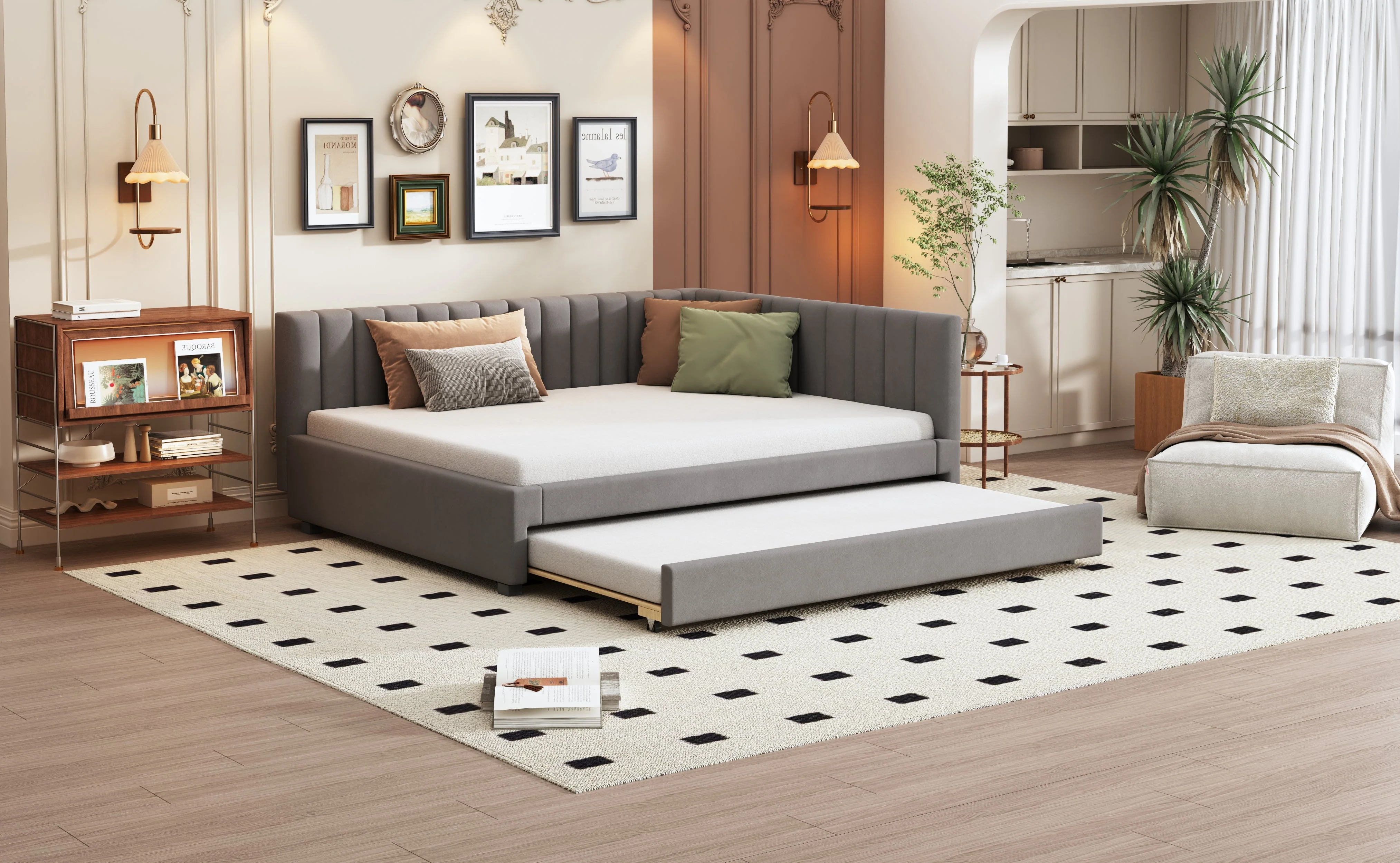 Upholstered Bed 140*200, Pull-Out Sofa Bed, Multifunctional, Velvet Gray - Image 4