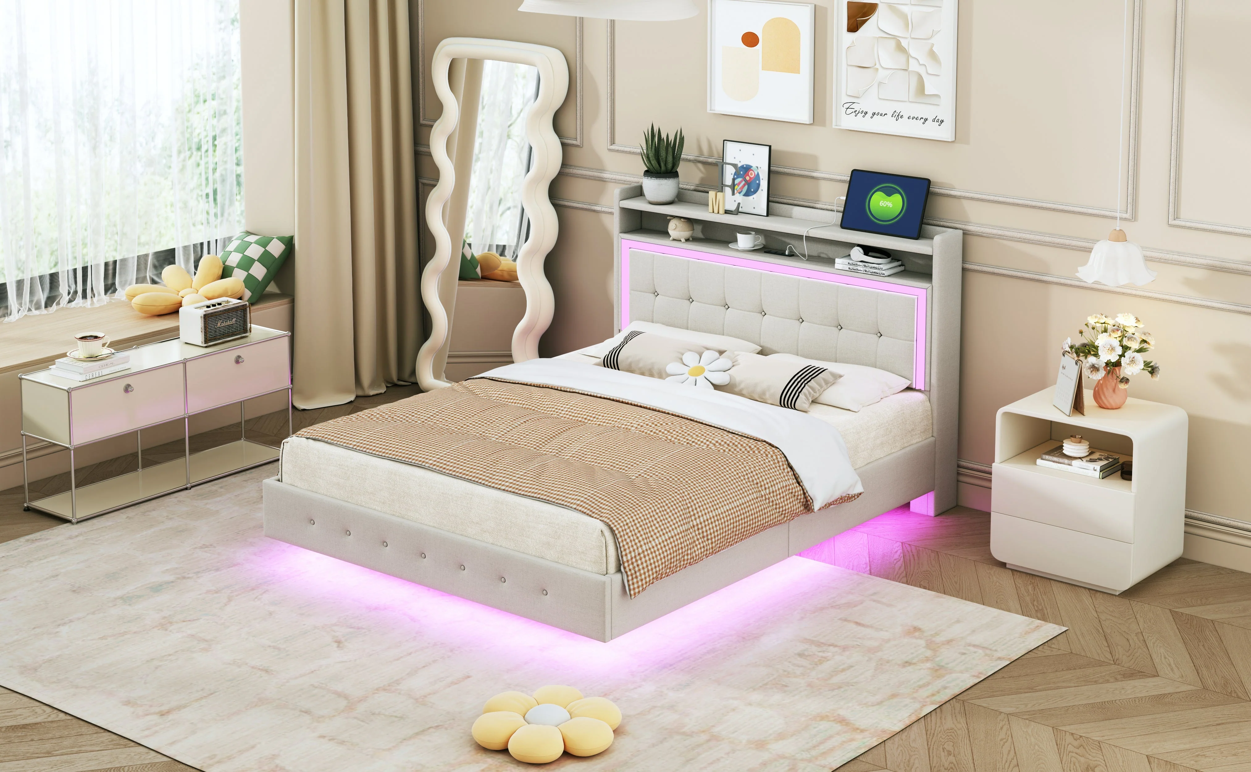 Upholstered Bed 140*200 with USB & LED Light, Linen Beige - Image 6